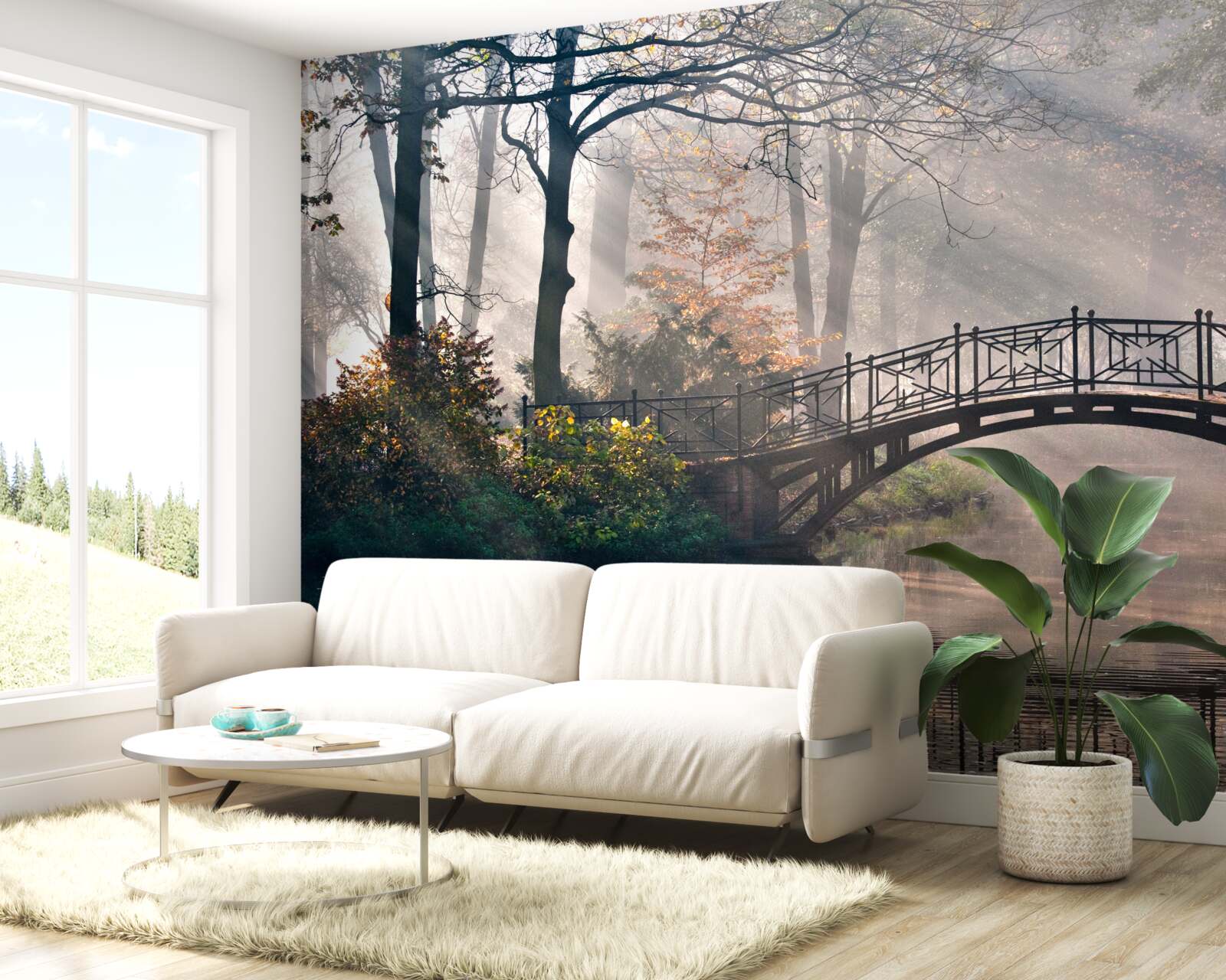 Papier peint le pont de la forêt brumeuse qui enjambe le lac est en bois
