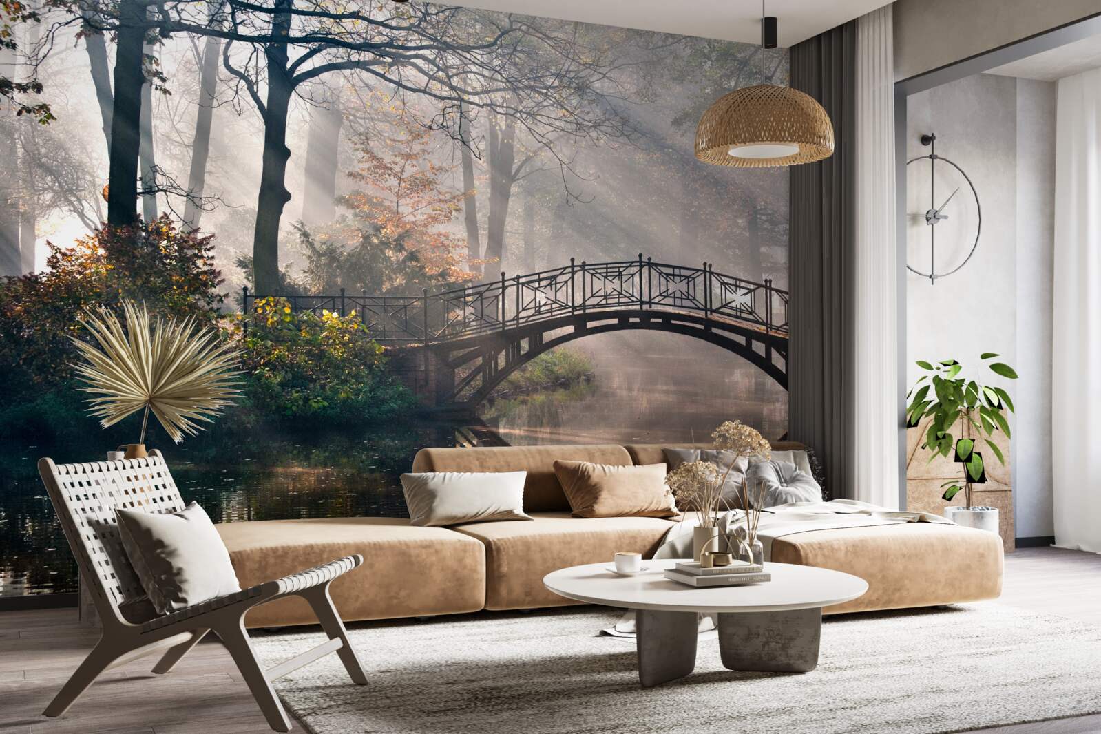 Papier peint le pont de la forêt brumeuse qui enjambe le lac est en bois