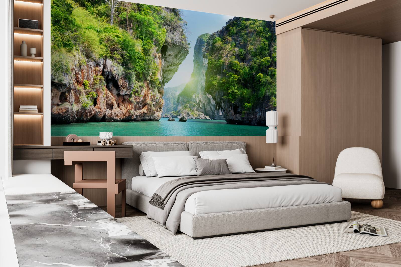 Papier peint des rochers peints en nuances d'émeraude s'élèvent au-dessus des eaux de la mer