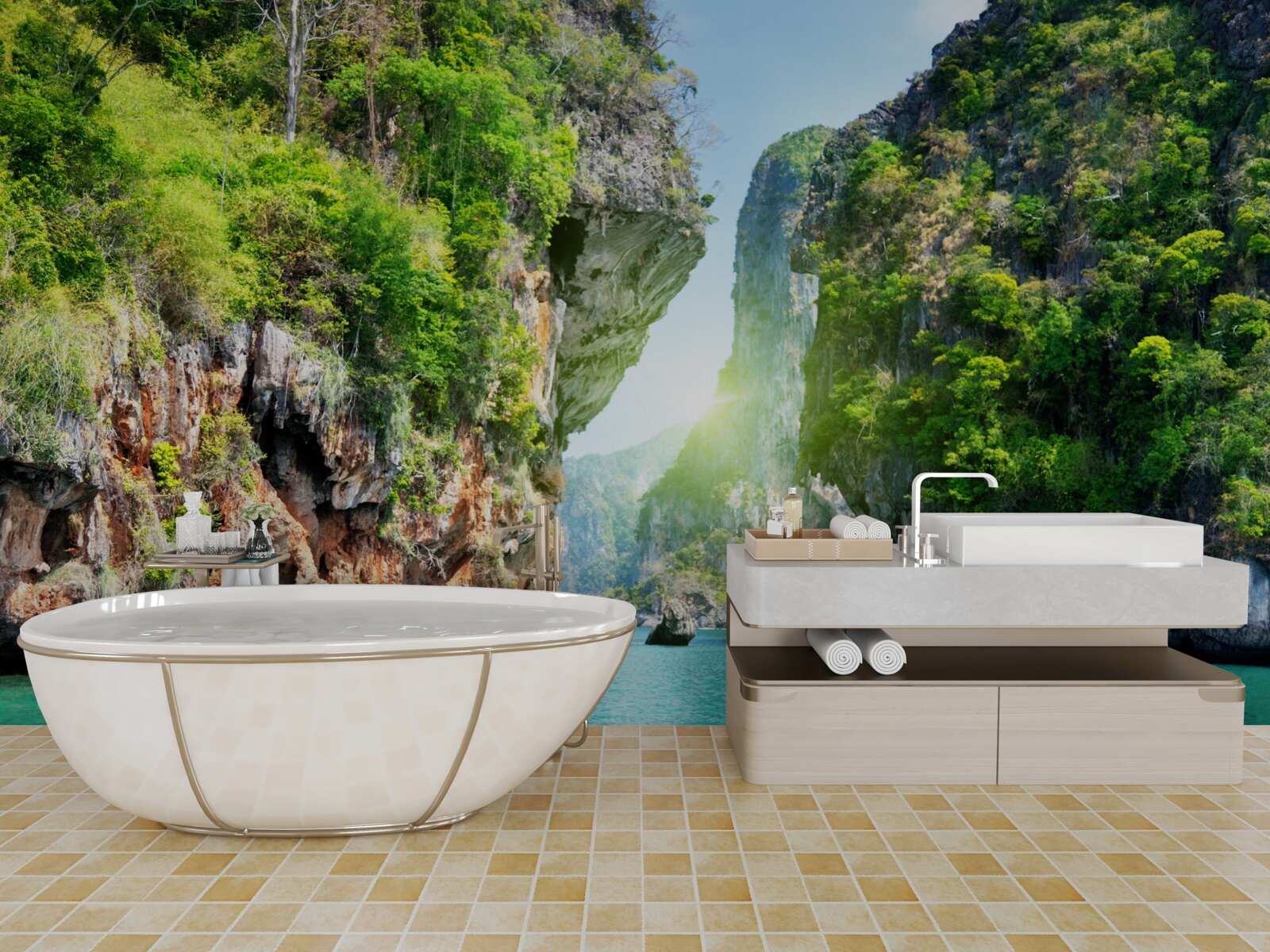 Papier peint des rochers peints en nuances d'émeraude s'élèvent au-dessus des eaux de la mer