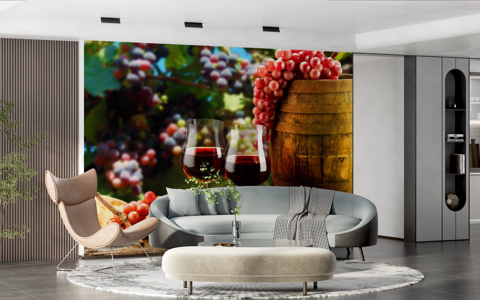 Papier peint les grappes de raisin forment la toile de fond des verres à vin remplis de vin