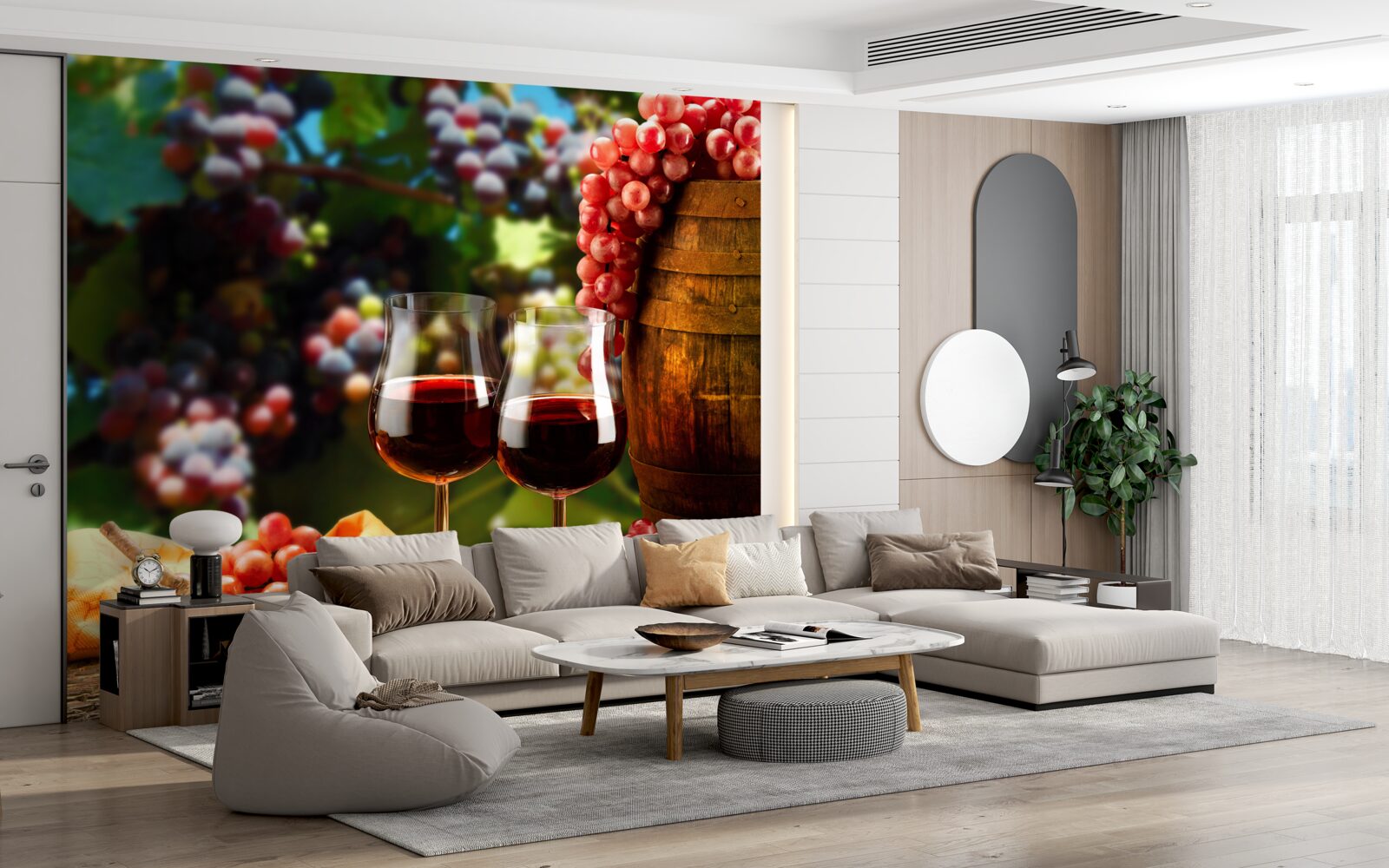 Papier peint les grappes de raisin forment la toile de fond des verres à vin remplis de vin