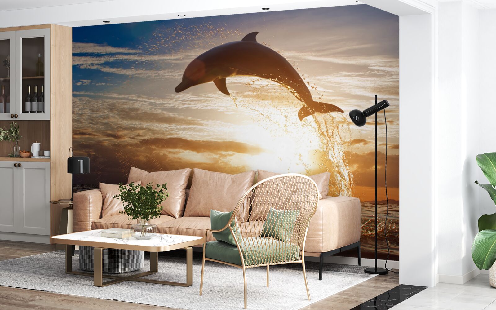 Papier peint le dauphin saute sur le fond du coucher de soleil du soir