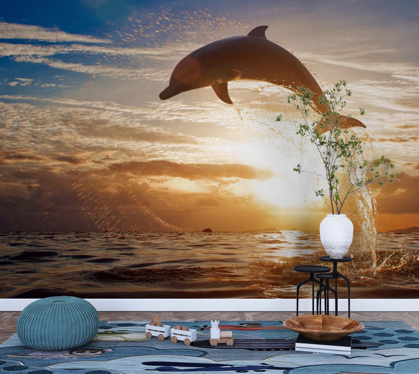 Papier peint le dauphin saute sur le fond du coucher de soleil du soir