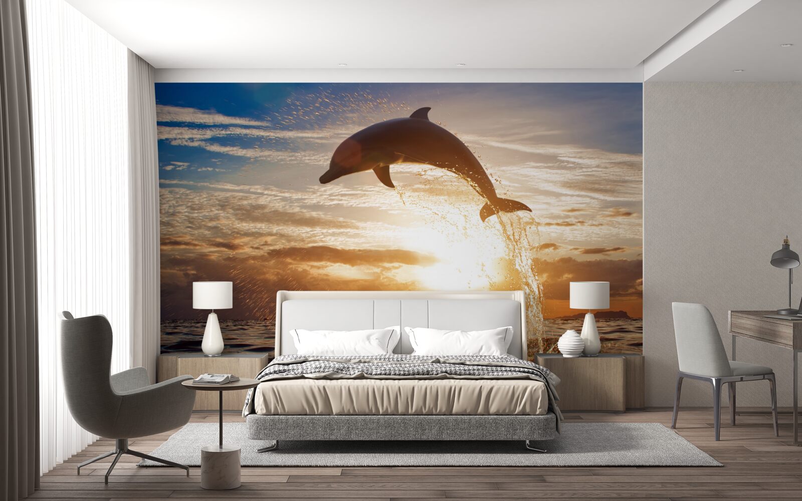 Papier peint le dauphin saute sur le fond du coucher de soleil du soir