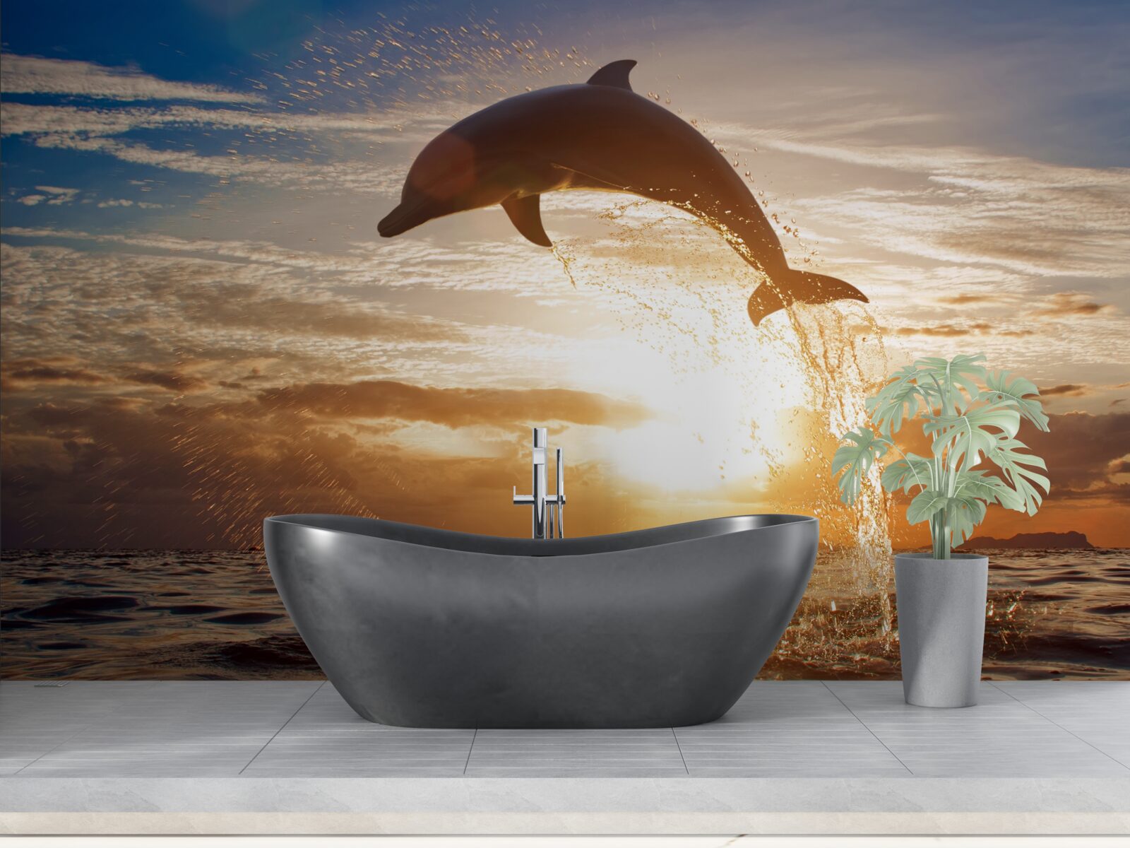 Papier peint le dauphin saute sur le fond du coucher de soleil du soir