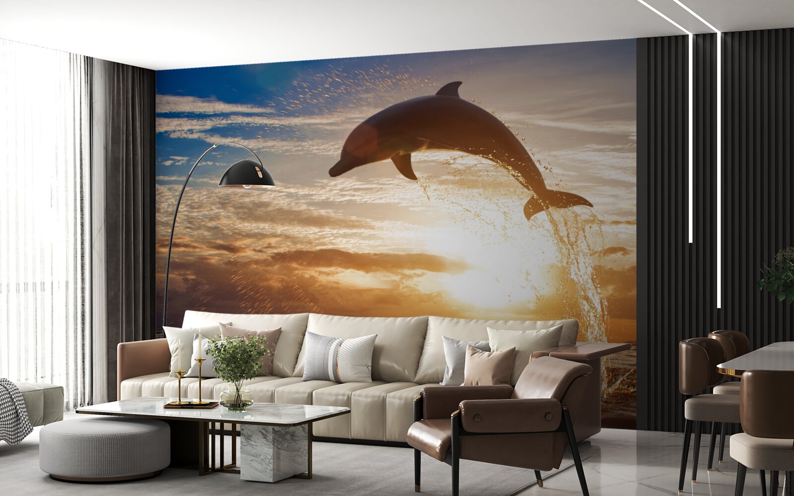 Papier peint le dauphin saute sur le fond du coucher de soleil du soir