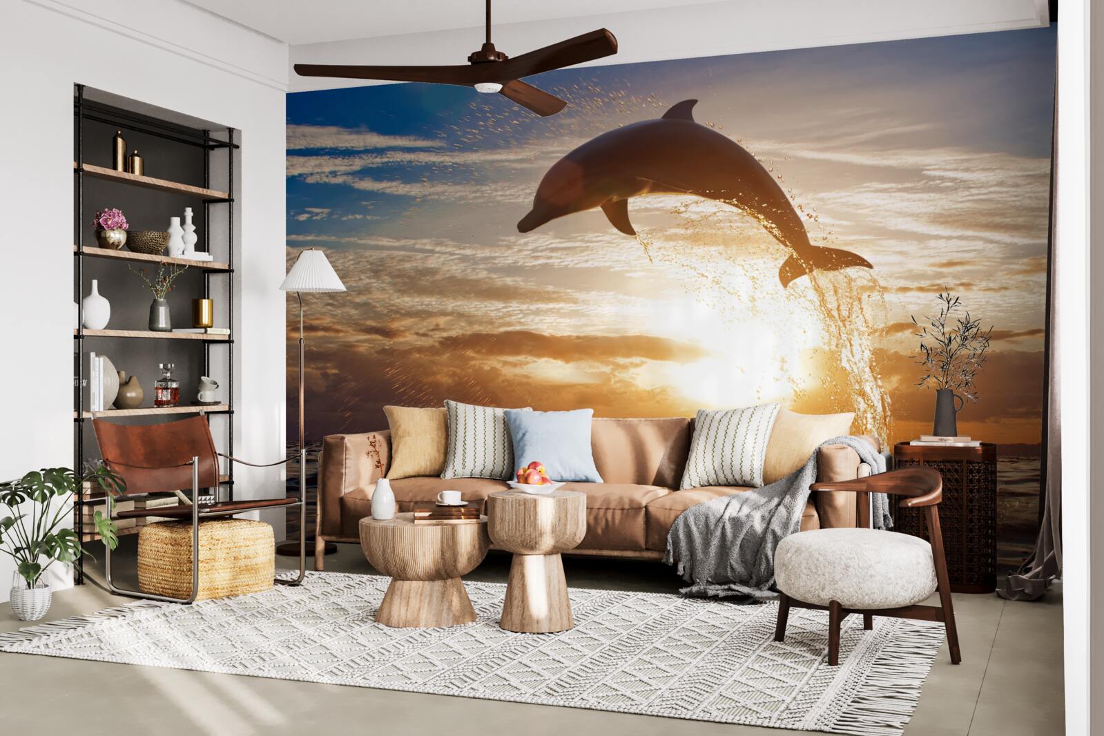 Papier peint le dauphin saute sur le fond du coucher de soleil du soir