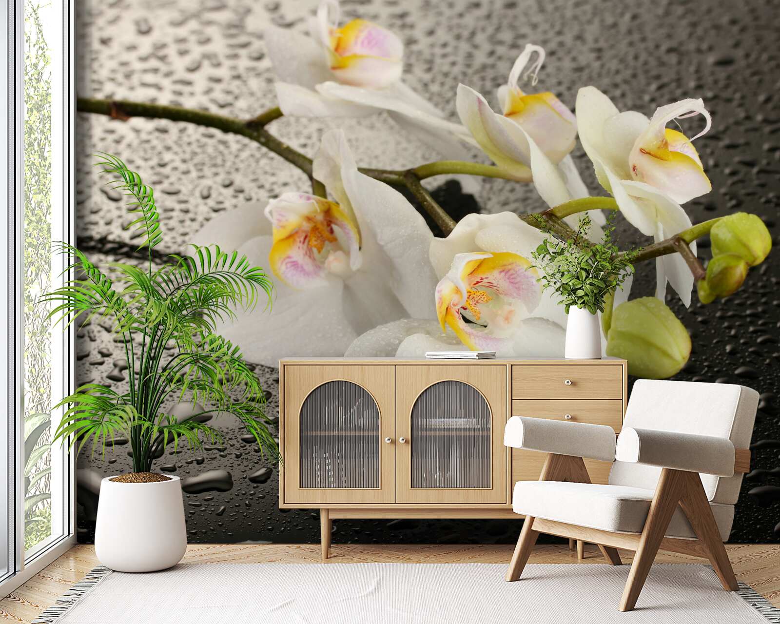 Papier peint Orchidée blanche comme neige après une forte pluie