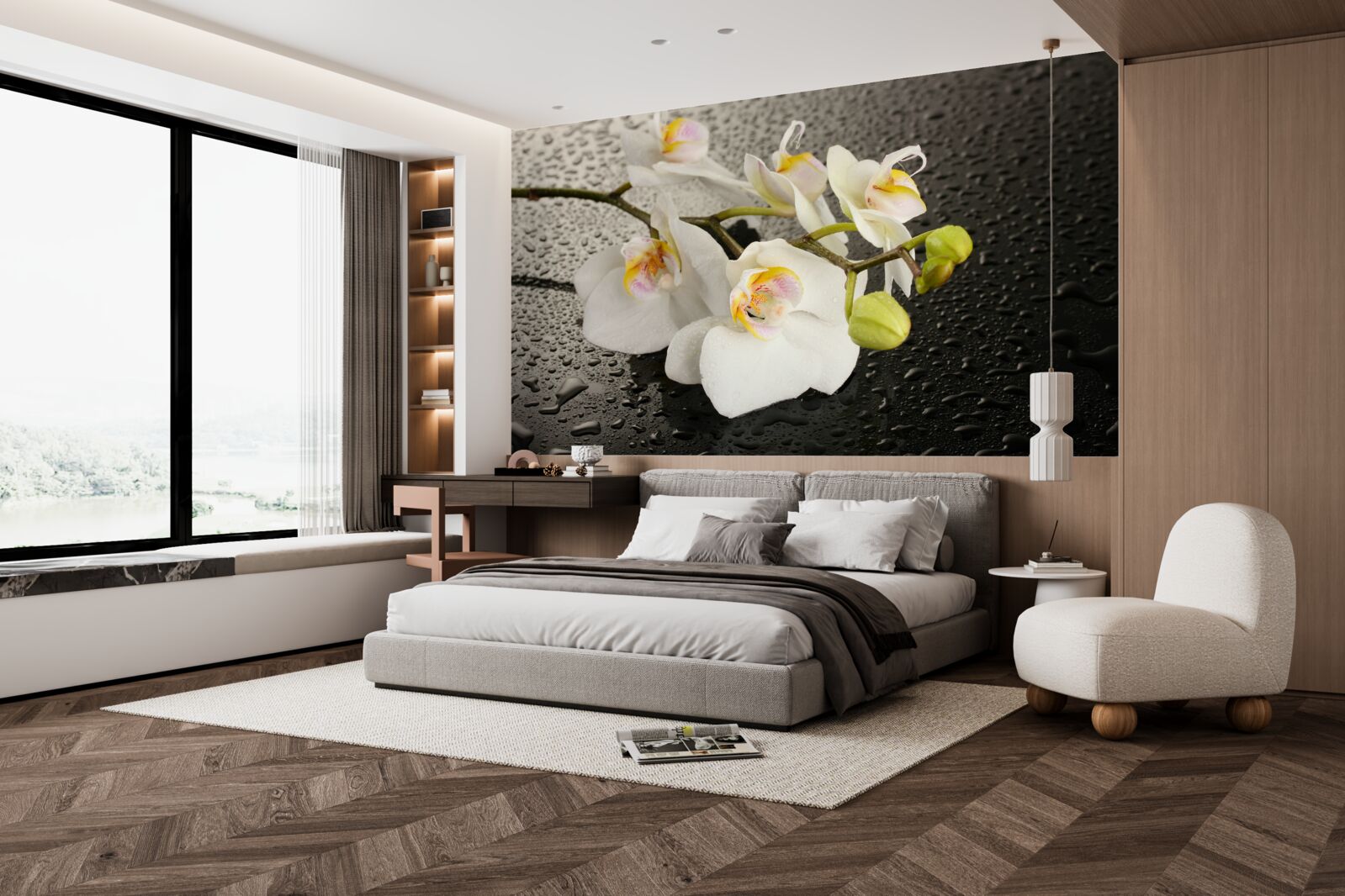 Papier peint Orchidée blanche comme neige après une forte pluie