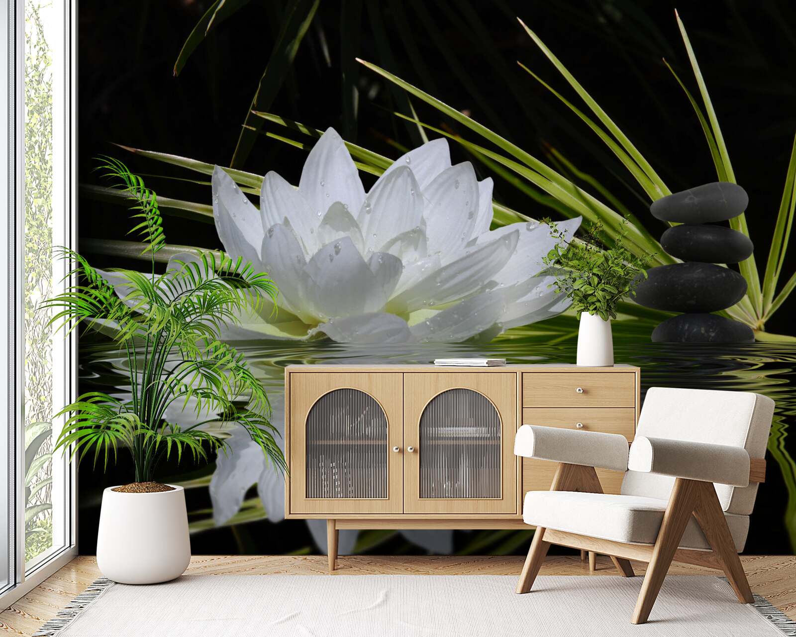 Papier peint des pierres grises et des nénuphars blancs flottent à la surface de l'eau