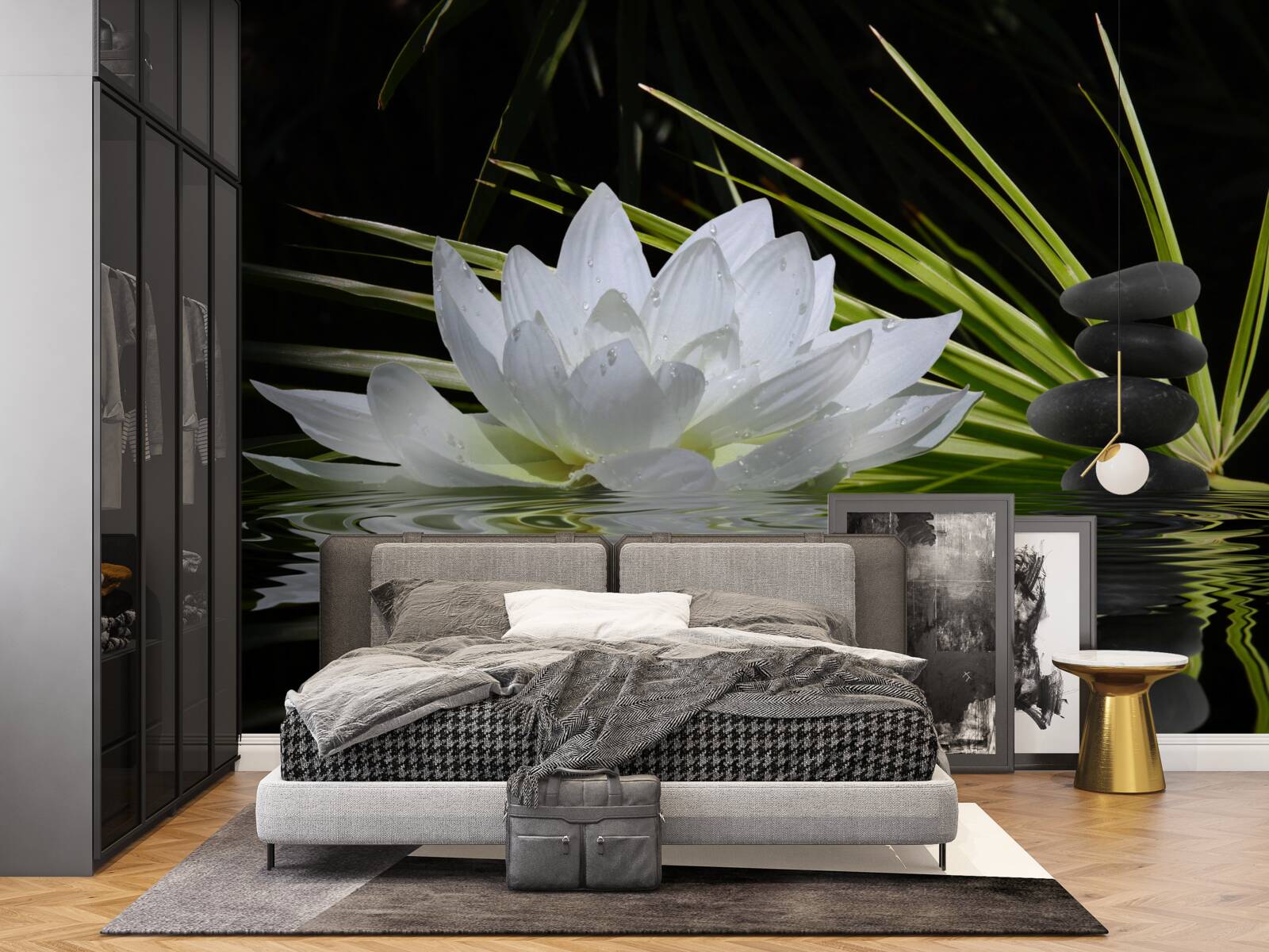 Papier peint des pierres grises et des nénuphars blancs flottent à la surface de l'eau