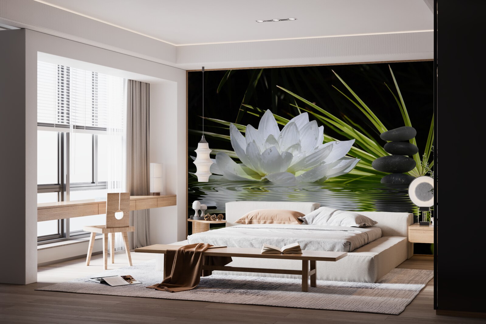 Papier peint des pierres grises et des nénuphars blancs flottent à la surface de l'eau