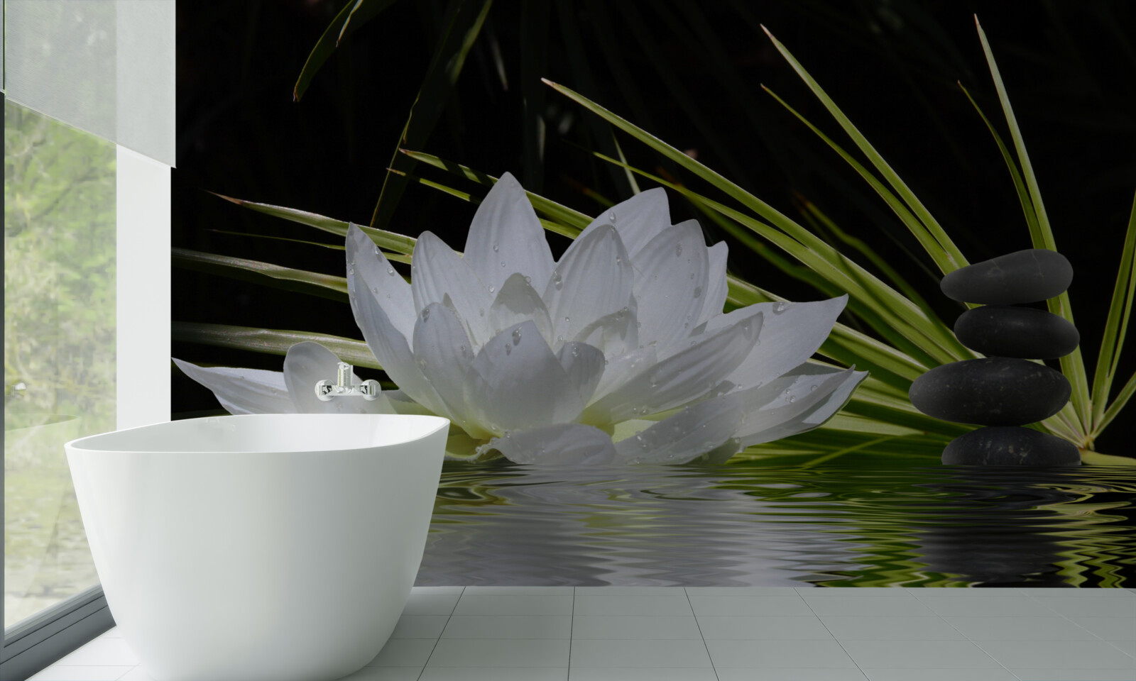 Papier peint des pierres grises et des nénuphars blancs flottent à la surface de l'eau