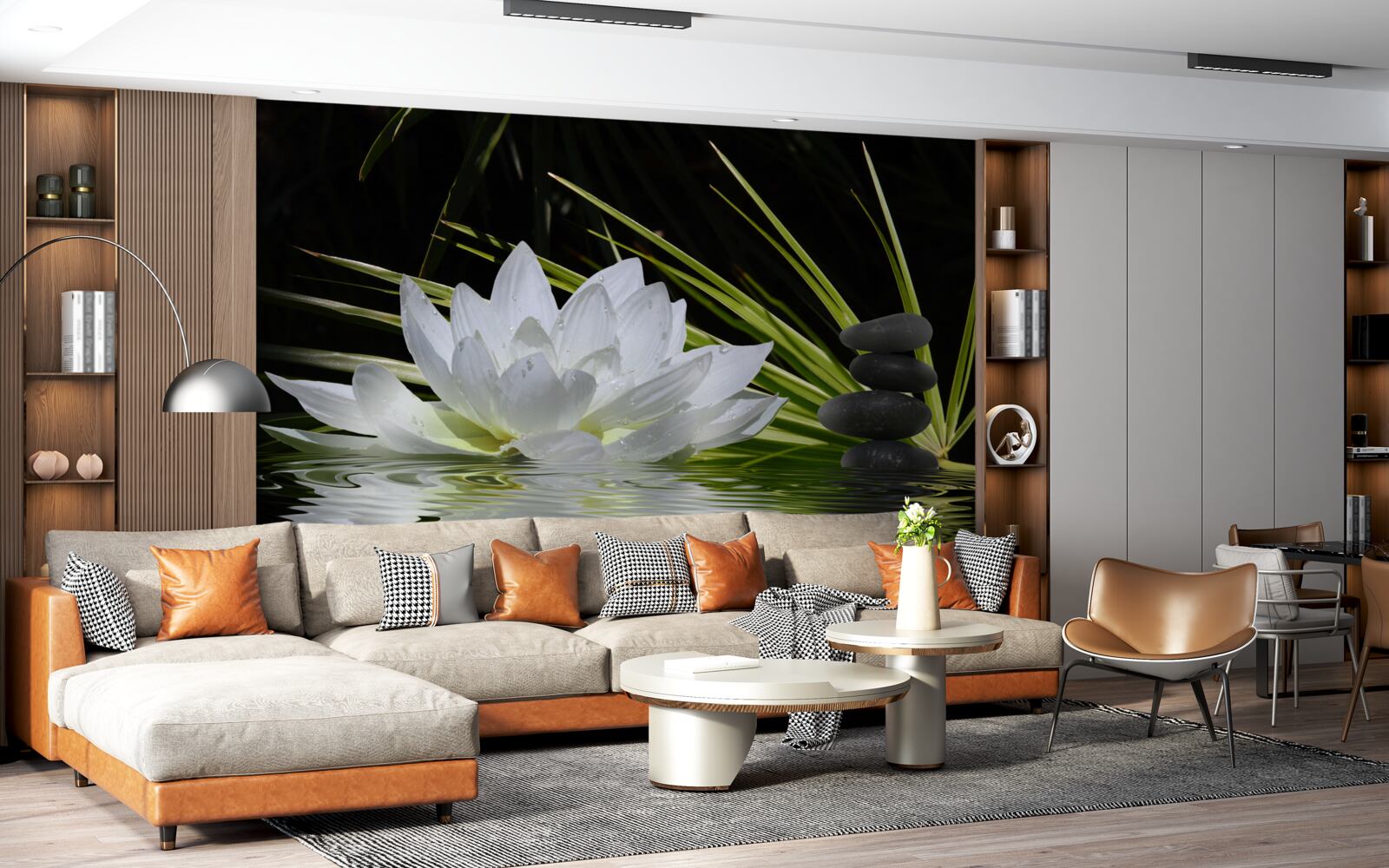 Papier peint des pierres grises et des nénuphars blancs flottent à la surface de l'eau