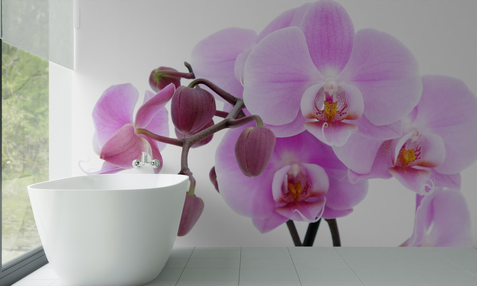Papier peint orchidée dans les tons de violet avec boutons floraux
