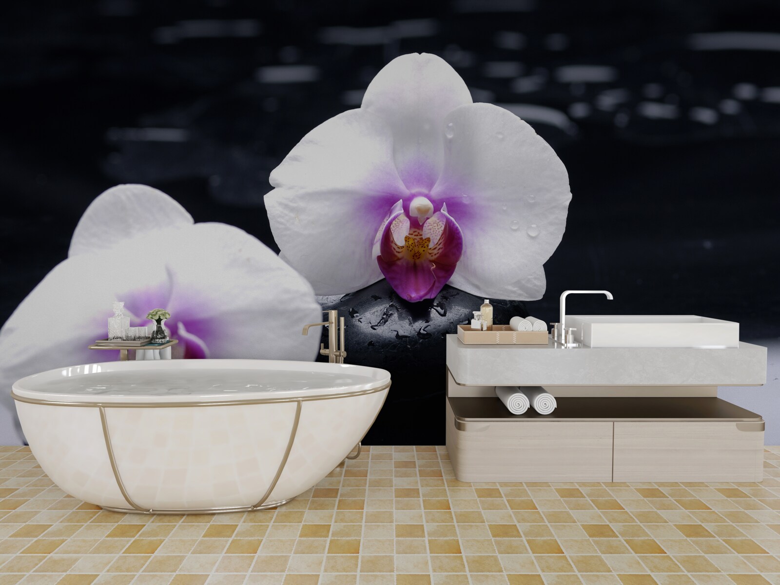 Papier peint Orchidée blanche posée sur des blocs noirs