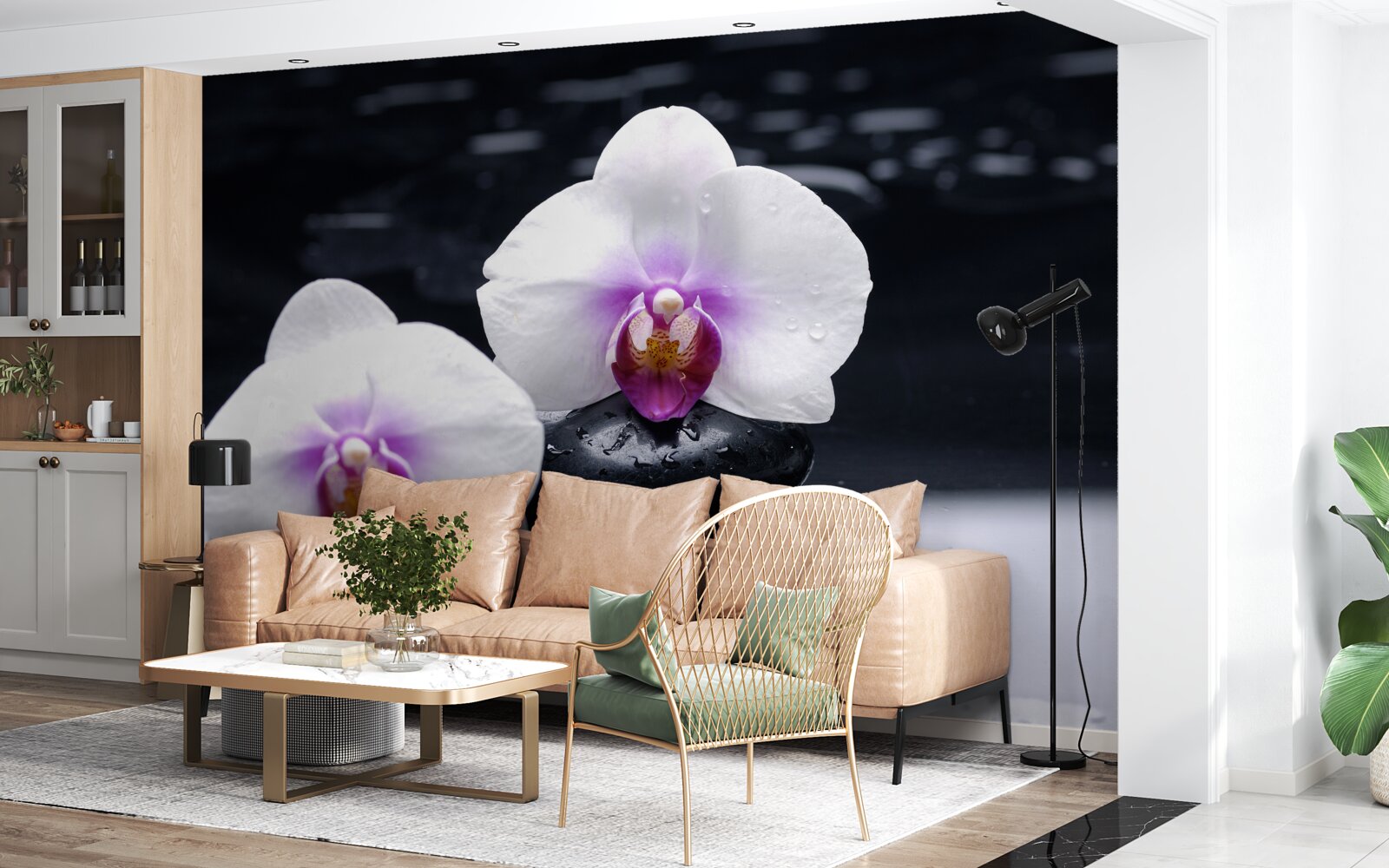 Papier peint Orchidée blanche posée sur des blocs noirs