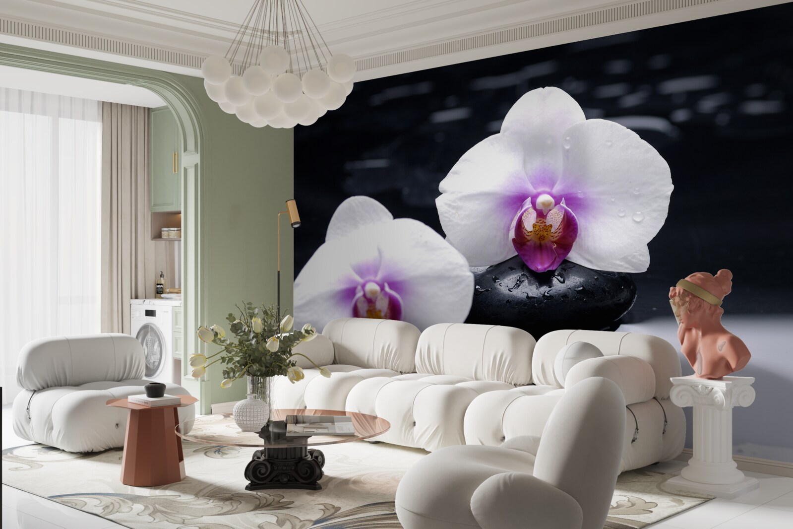 Papier peint Orchidée blanche posée sur des blocs noirs