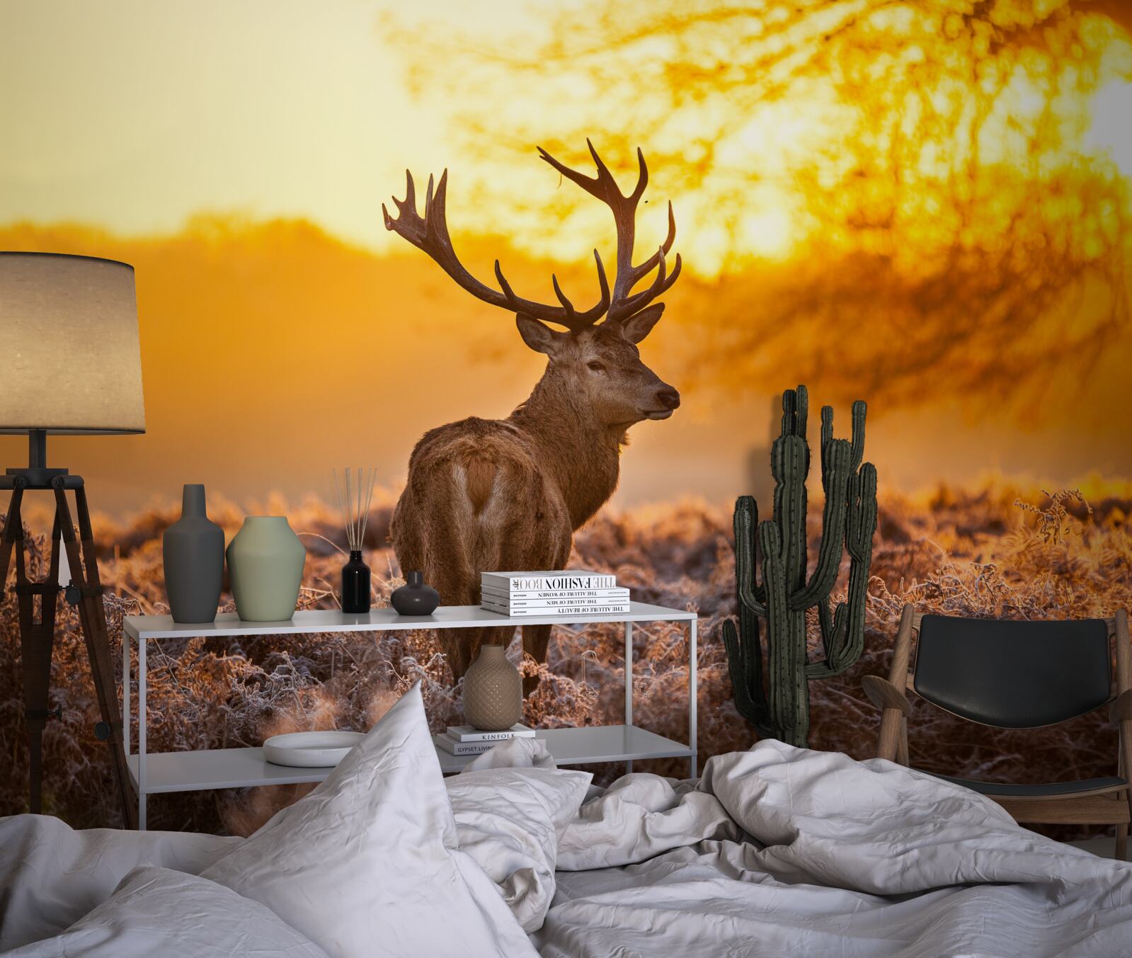 Papier peint un élégant cerf accompagne l'aube dans un vaste champ