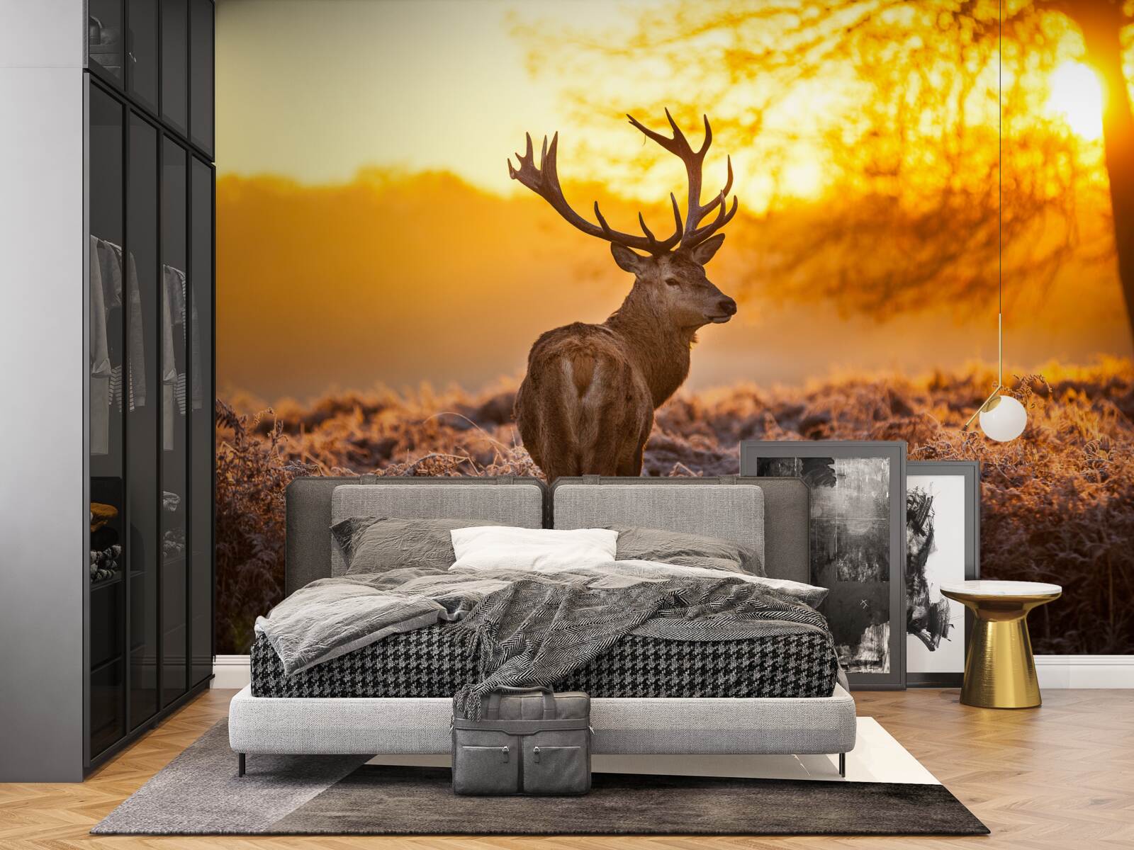 Papier peint un élégant cerf accompagne l'aube dans un vaste champ