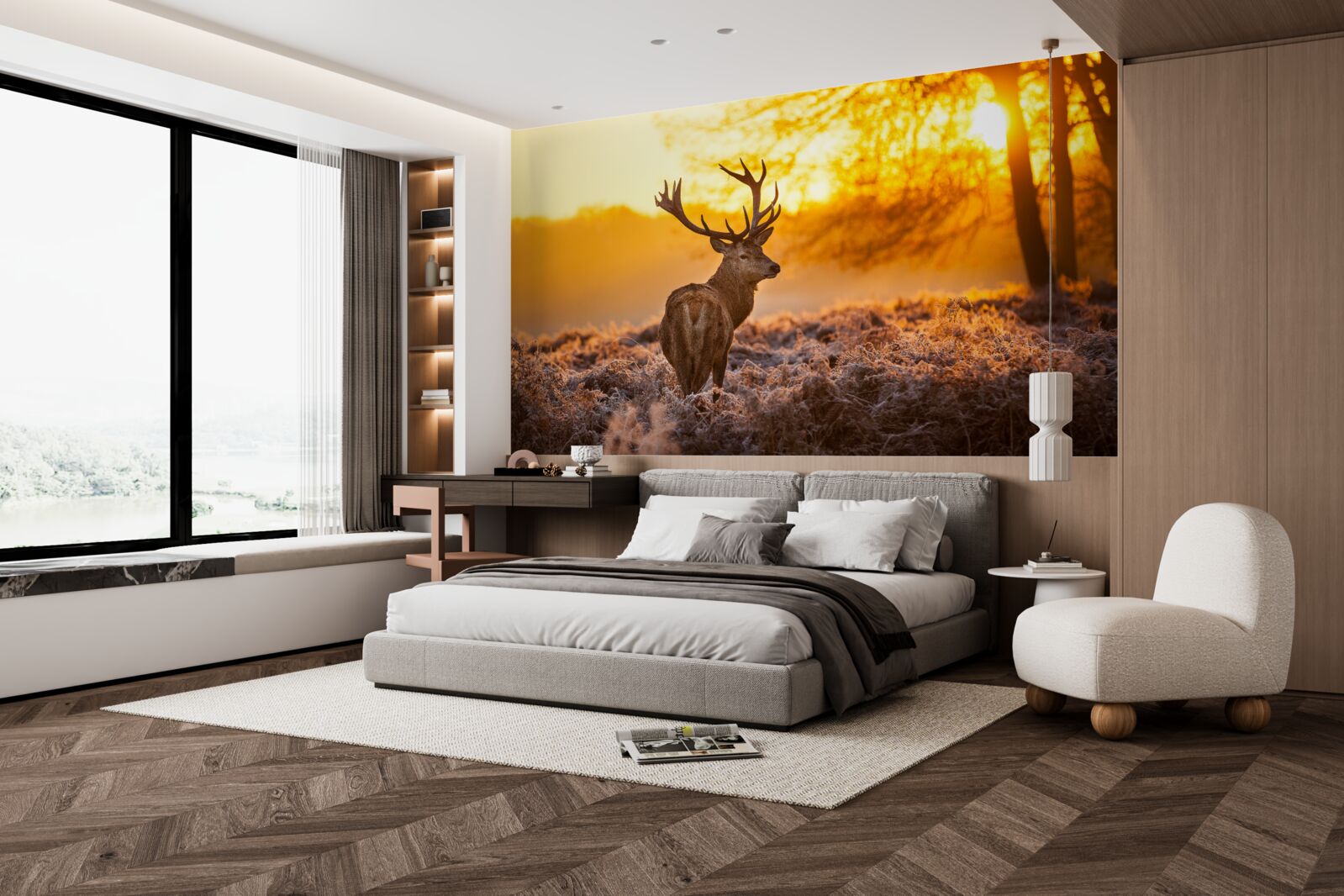 Papier peint un élégant cerf accompagne l'aube dans un vaste champ