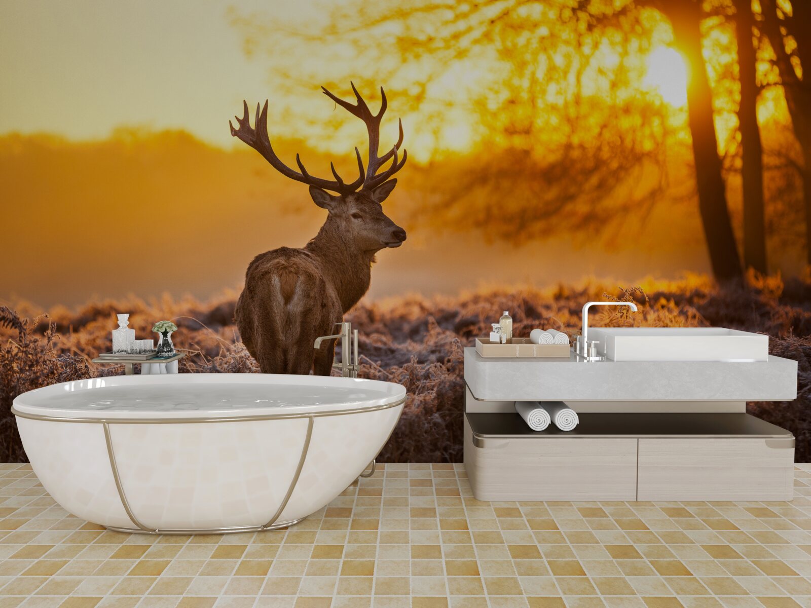 Papier peint un élégant cerf accompagne l'aube dans un vaste champ