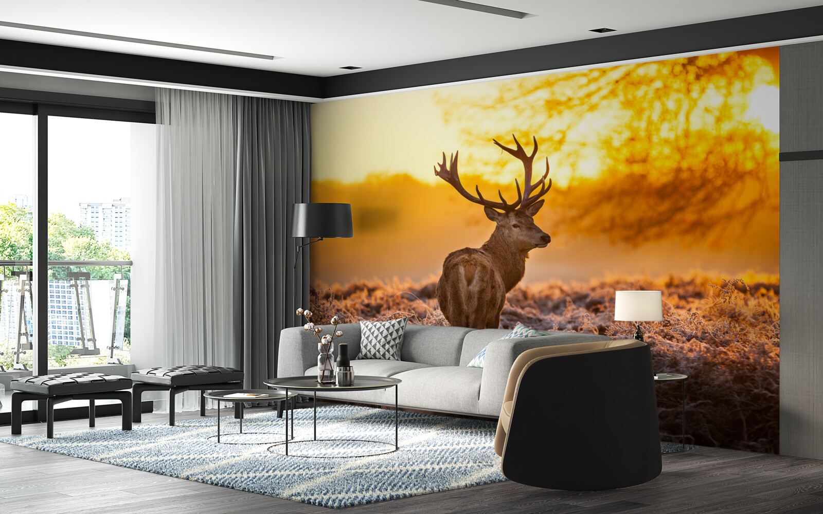 Papier peint un élégant cerf accompagne l'aube dans un vaste champ