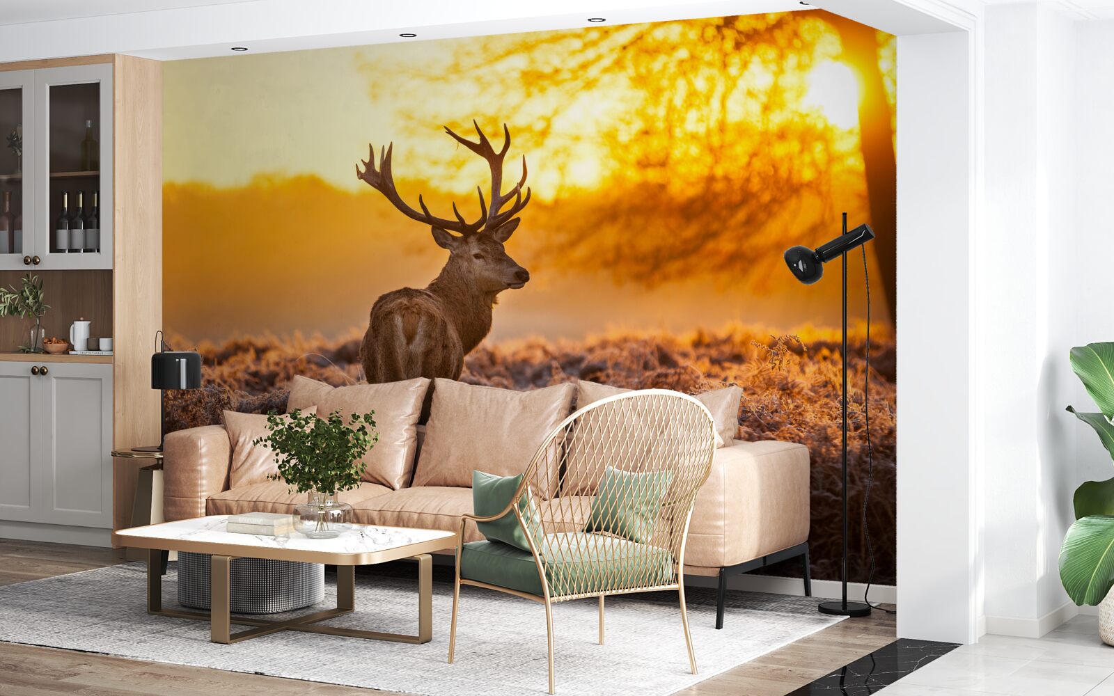 Papier peint un élégant cerf accompagne l'aube dans un vaste champ