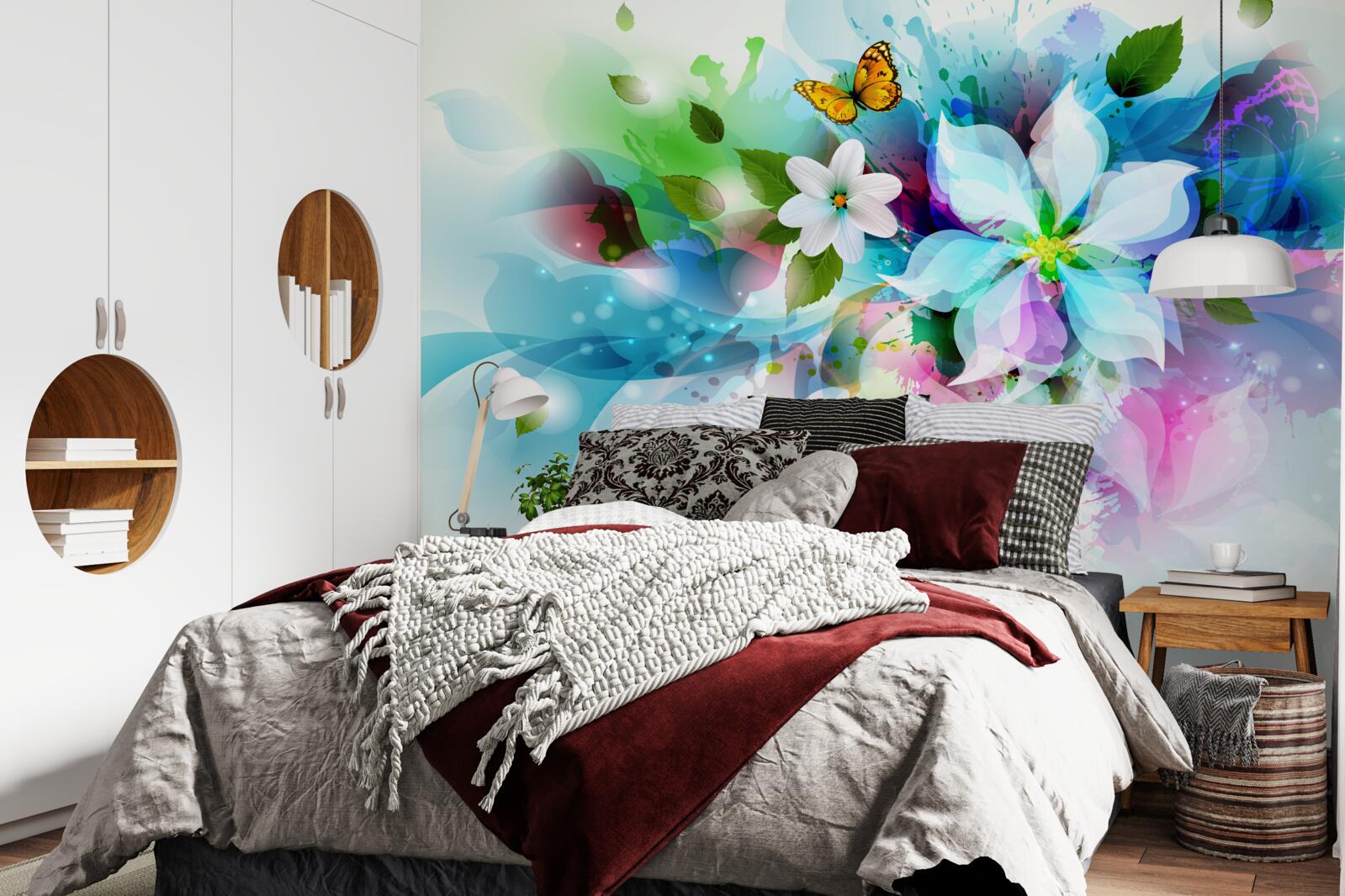 Papier peint fille avec des fleurs dans les cheveux, représentant l'abstraction