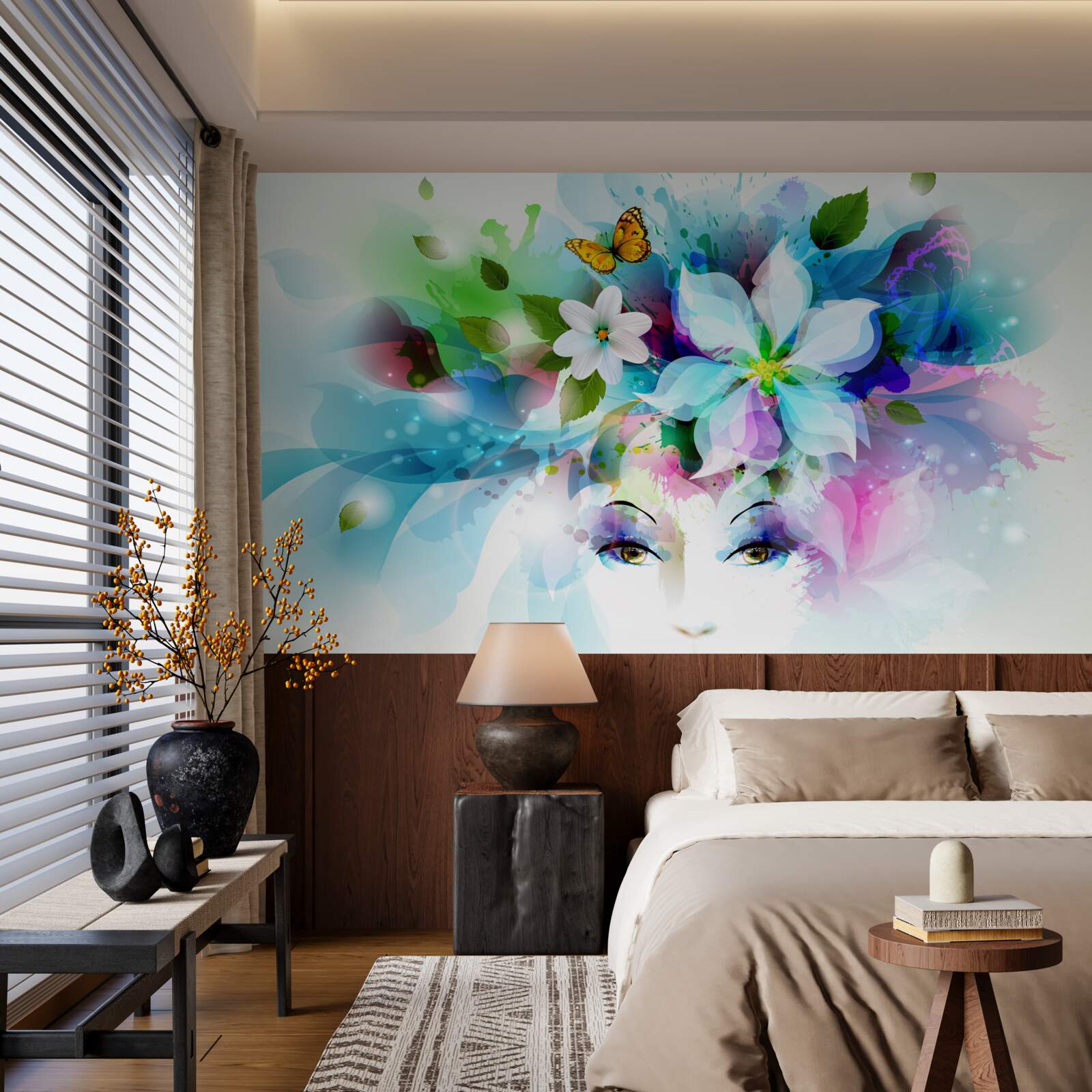 Papier peint fille avec des fleurs dans les cheveux, représentant l'abstraction