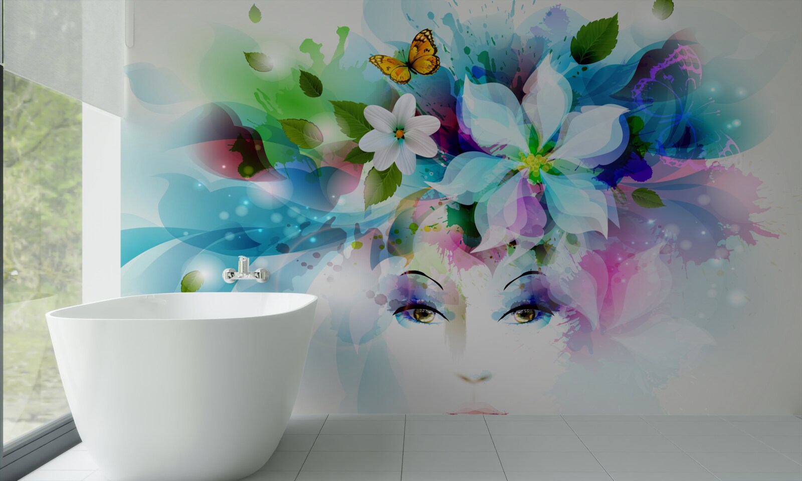 Papier peint fille avec des fleurs dans les cheveux, représentant l'abstraction