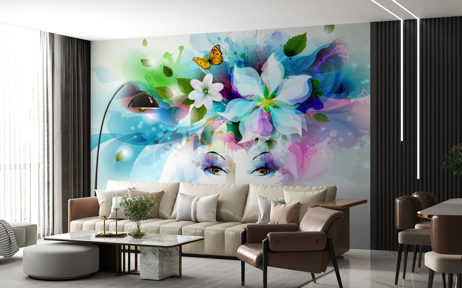 Papier peint fille avec des fleurs dans les cheveux, représentant l'abstraction