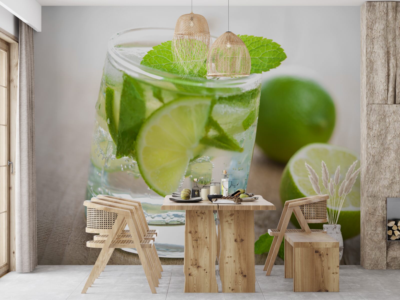 Papier peint verre d'eau avec du citron vert et de la menthe