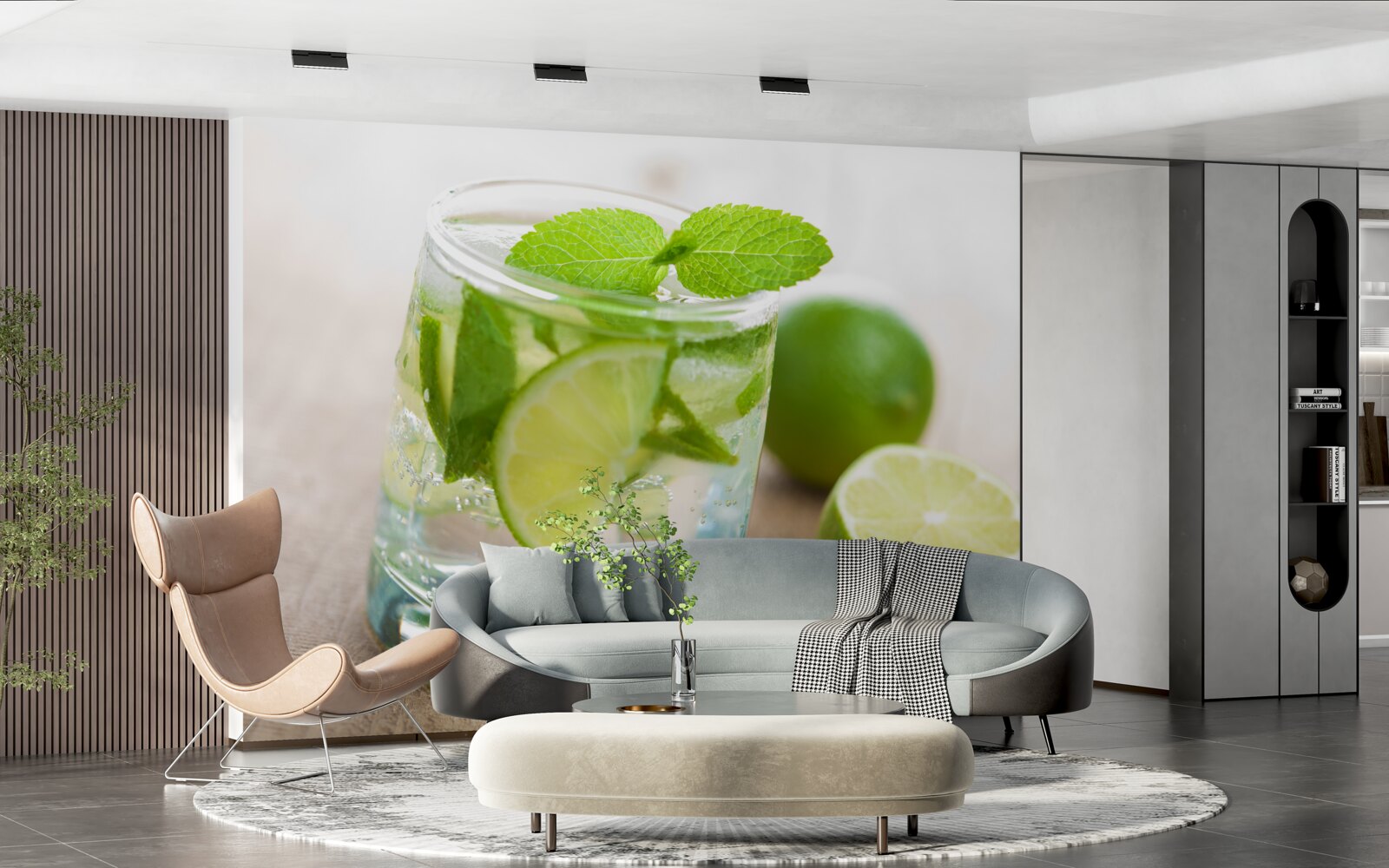 Papier peint verre d'eau avec du citron vert et de la menthe