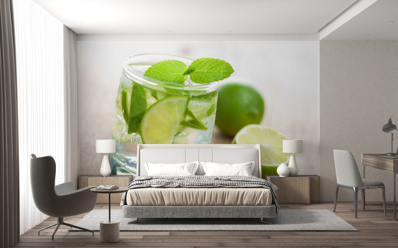 Papier peint verre d'eau avec du citron vert et de la menthe