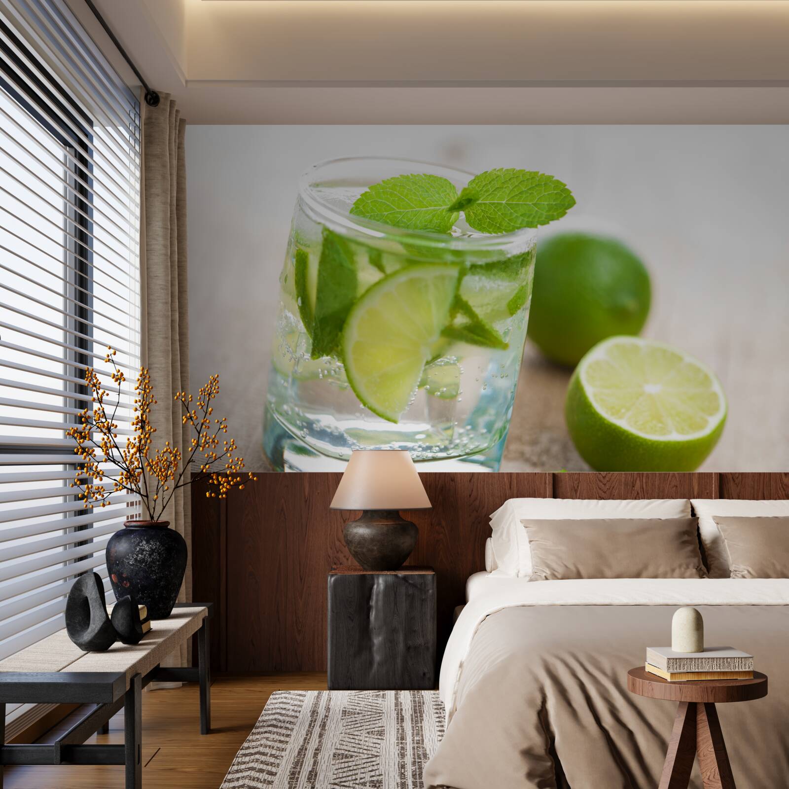 Papier peint verre d'eau avec du citron vert et de la menthe