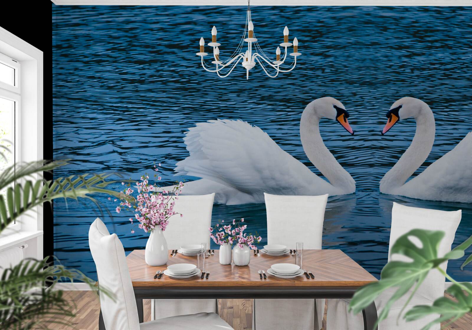 Papier peint un couple de cygnes à la surface de l'eau crée une image familiale idyllique