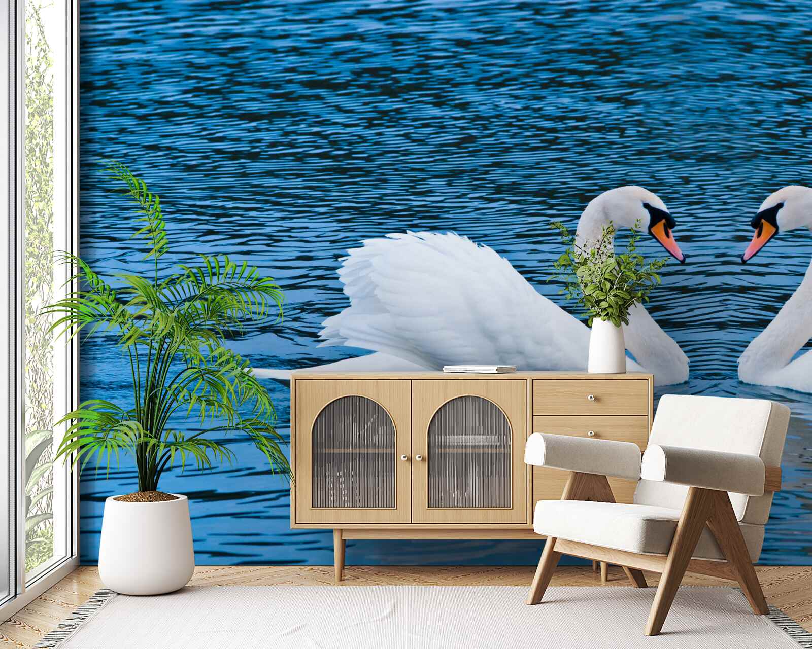 Papier peint un couple de cygnes à la surface de l'eau crée une image familiale idyllique