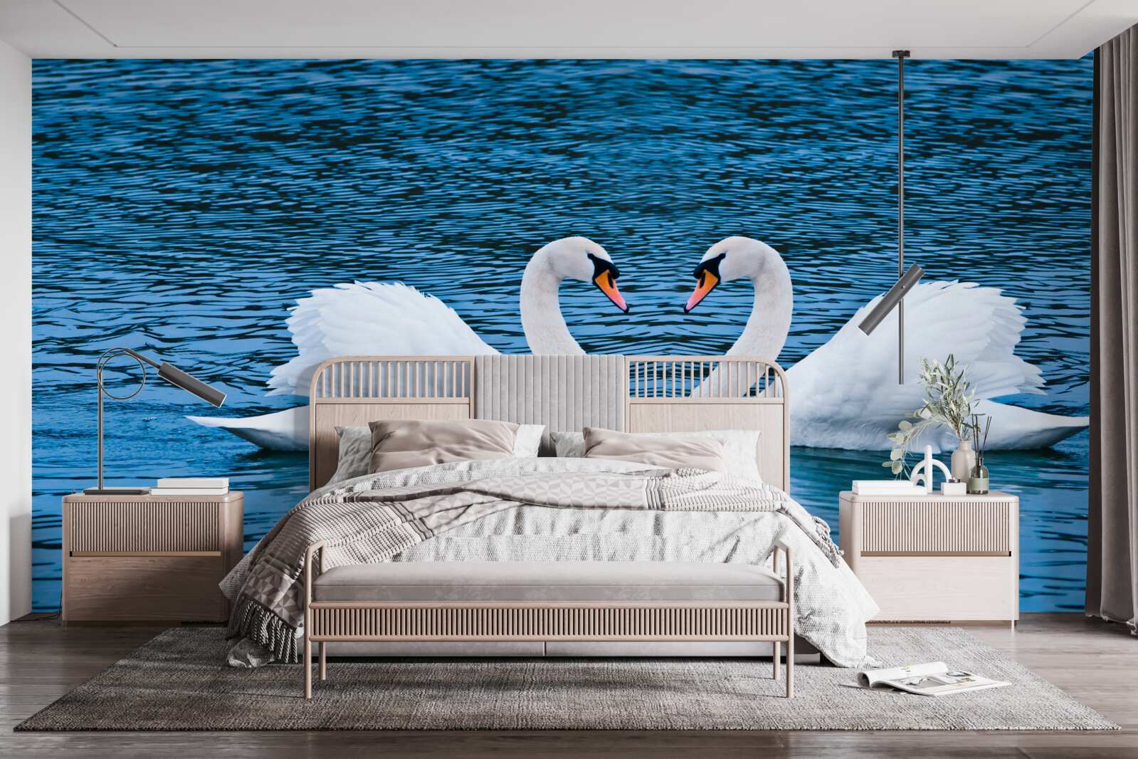 Papier peint un couple de cygnes à la surface de l'eau crée une image familiale idyllique