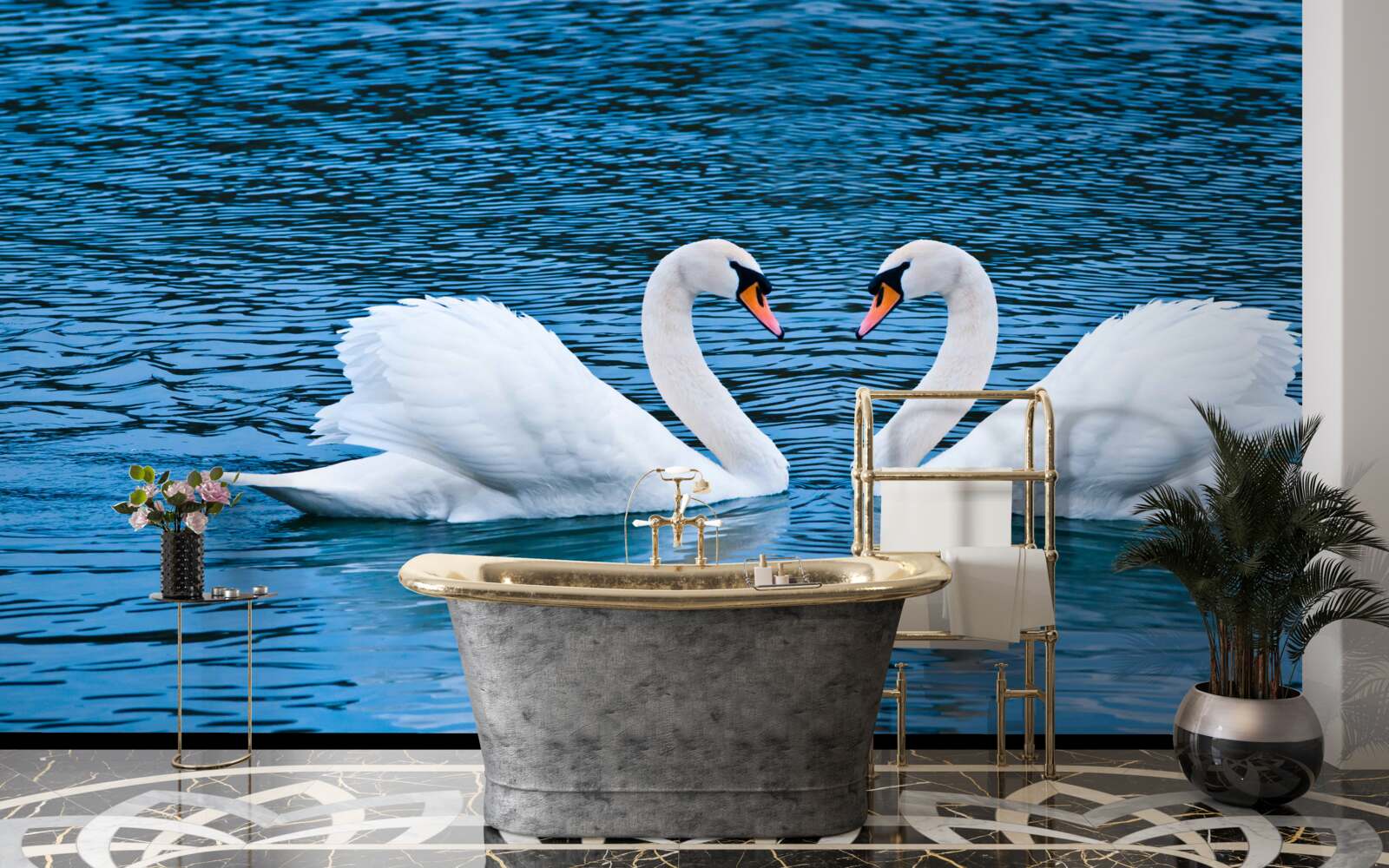 Papier peint un couple de cygnes à la surface de l'eau crée une image familiale idyllique