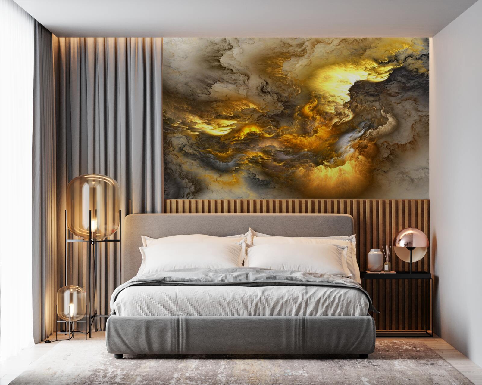 Papier peint marbre beige avec division dorée