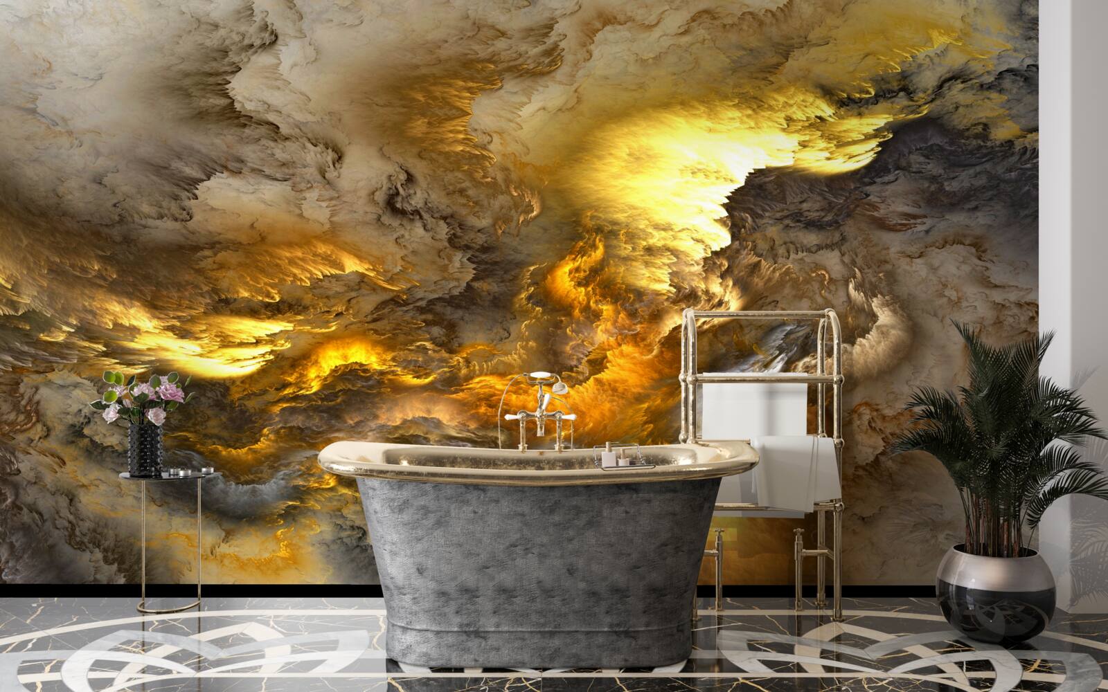 Papier peint marbre beige avec division dorée