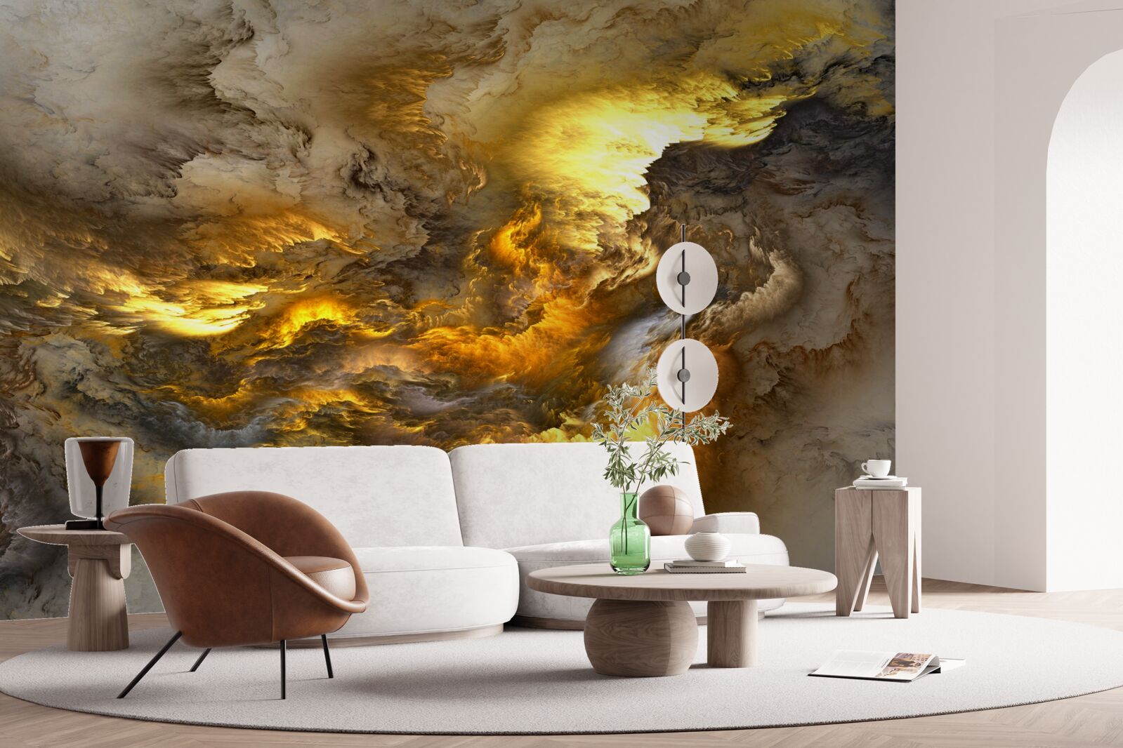 Papier peint marbre beige avec division dorée