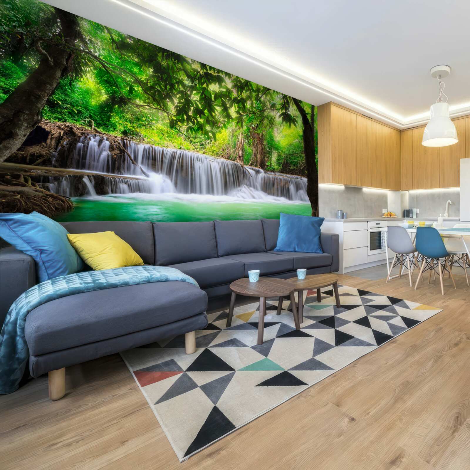 Papier peint la cascade de la forêt alimente son eau en couleur émeraude