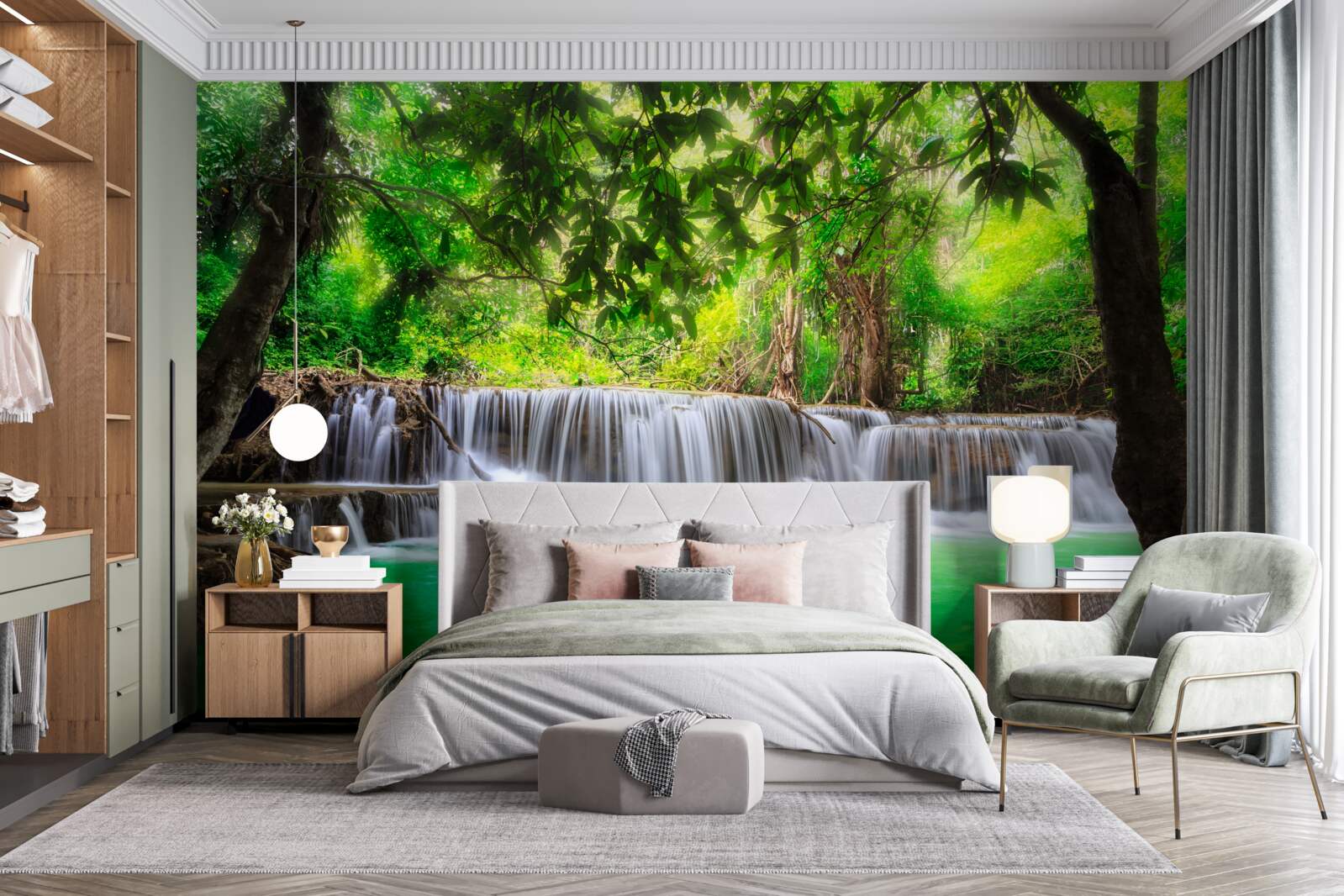 Papier peint la cascade de la forêt alimente son eau en couleur émeraude