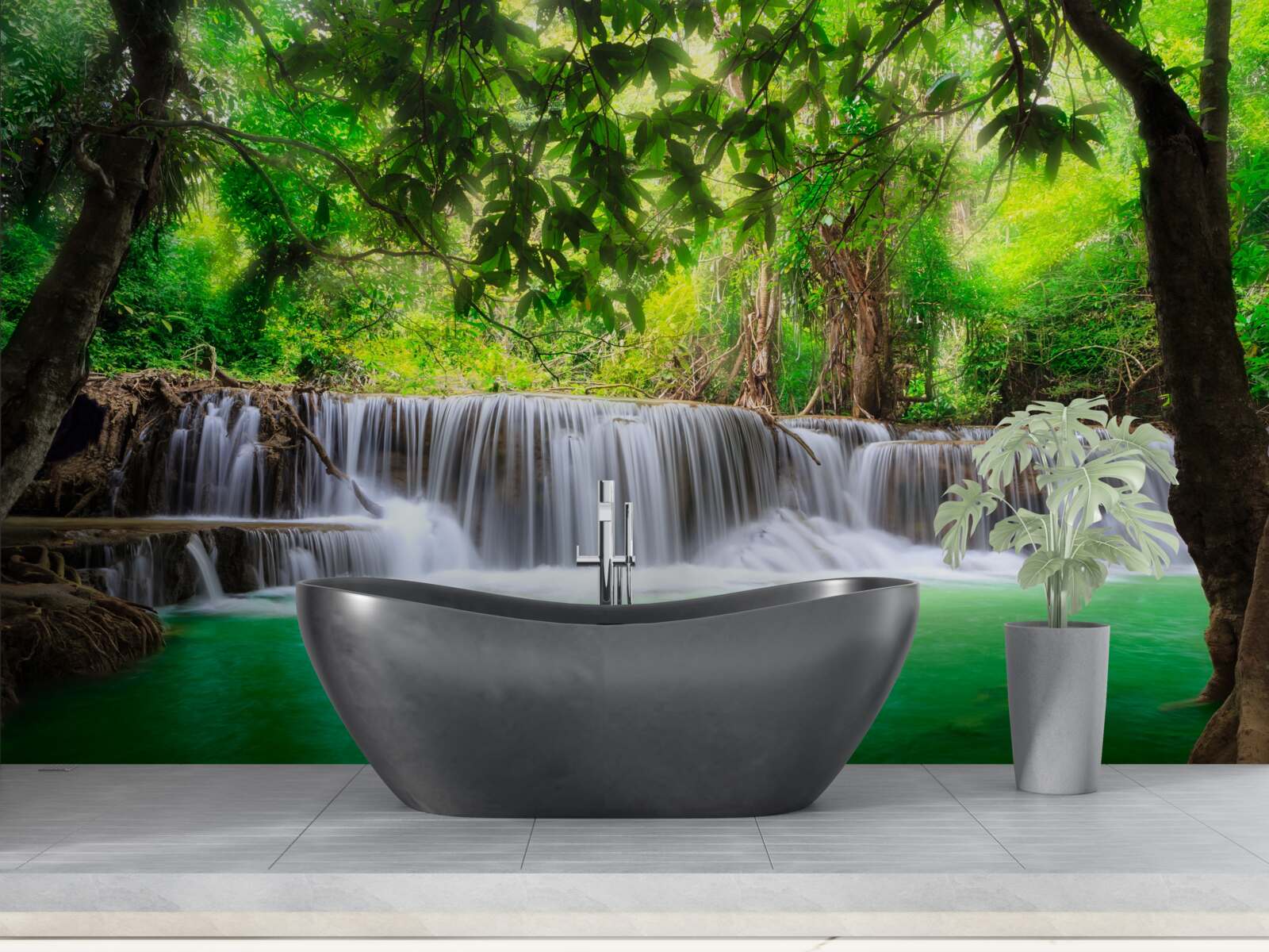 Papier peint la cascade de la forêt alimente son eau en couleur émeraude