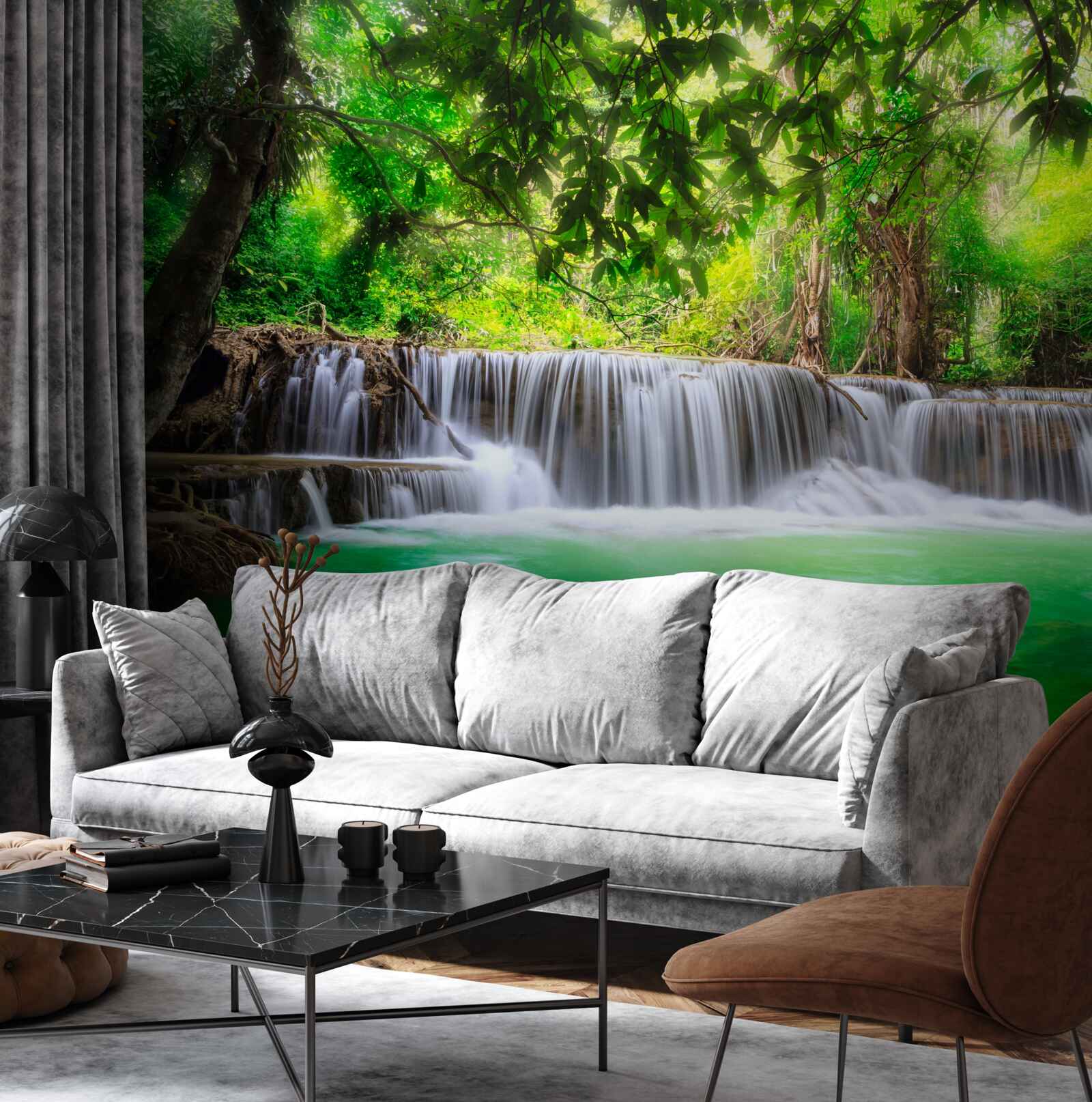 Papier peint la cascade de la forêt alimente son eau en couleur émeraude