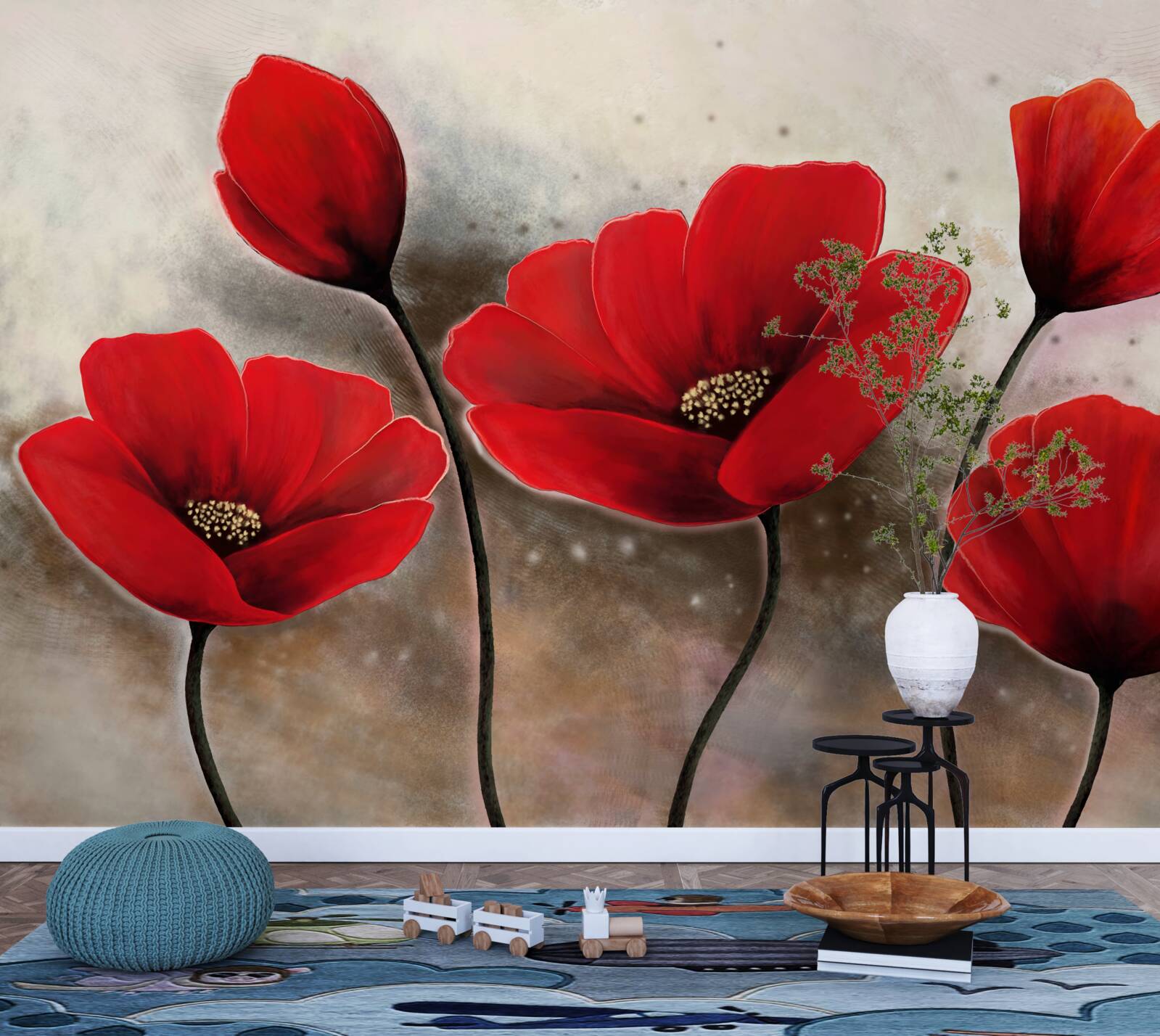 Papier peint après la pluie, les coquelicots écarlates