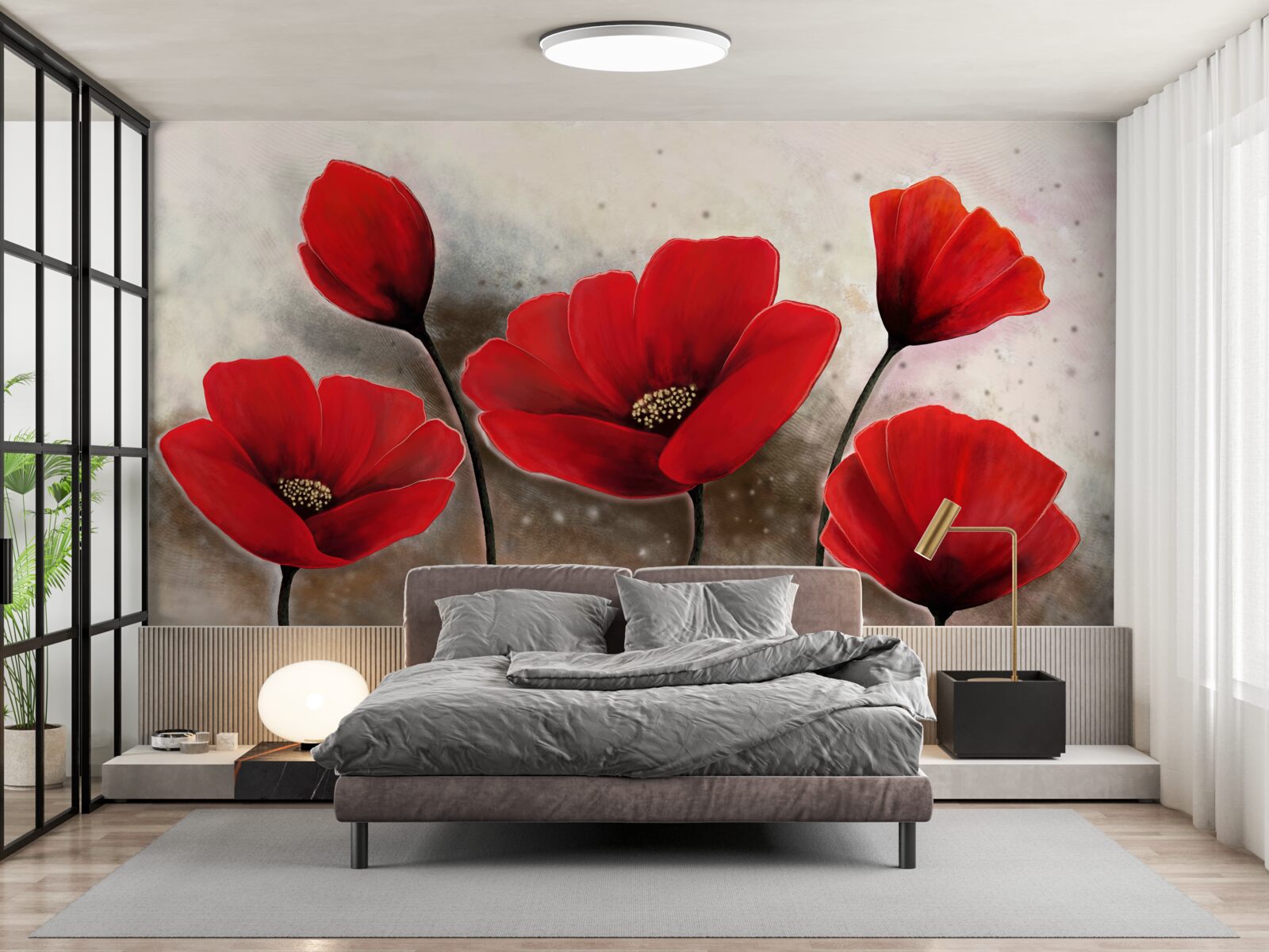 Papier peint après la pluie, les coquelicots écarlates